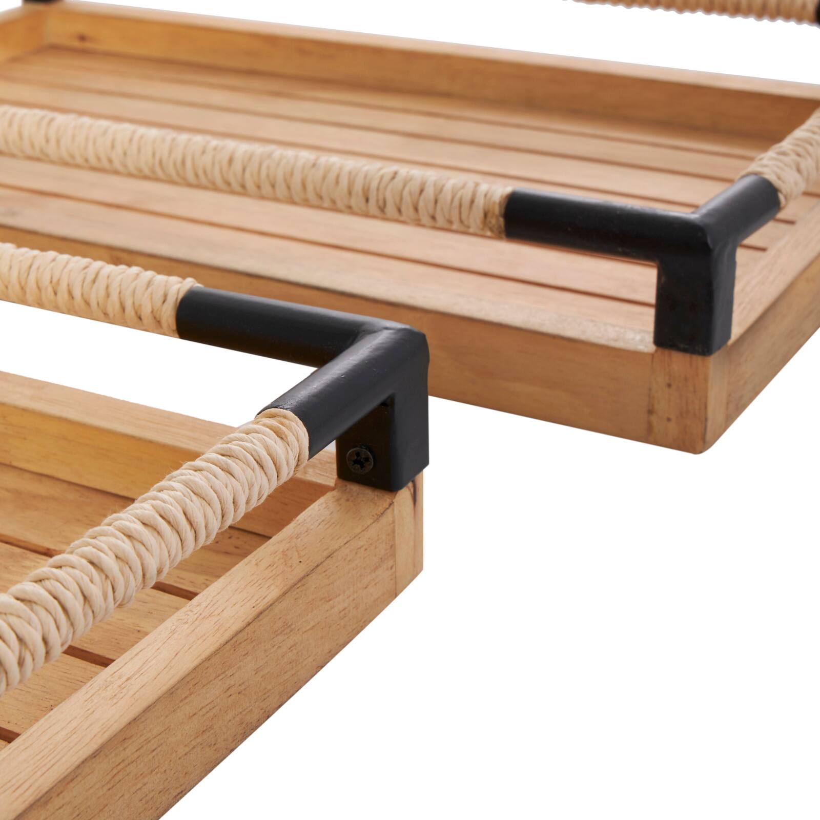 Brown Wood Slatted Tray with Elevated Woven Sides &#x26; Black Metal Corners Set