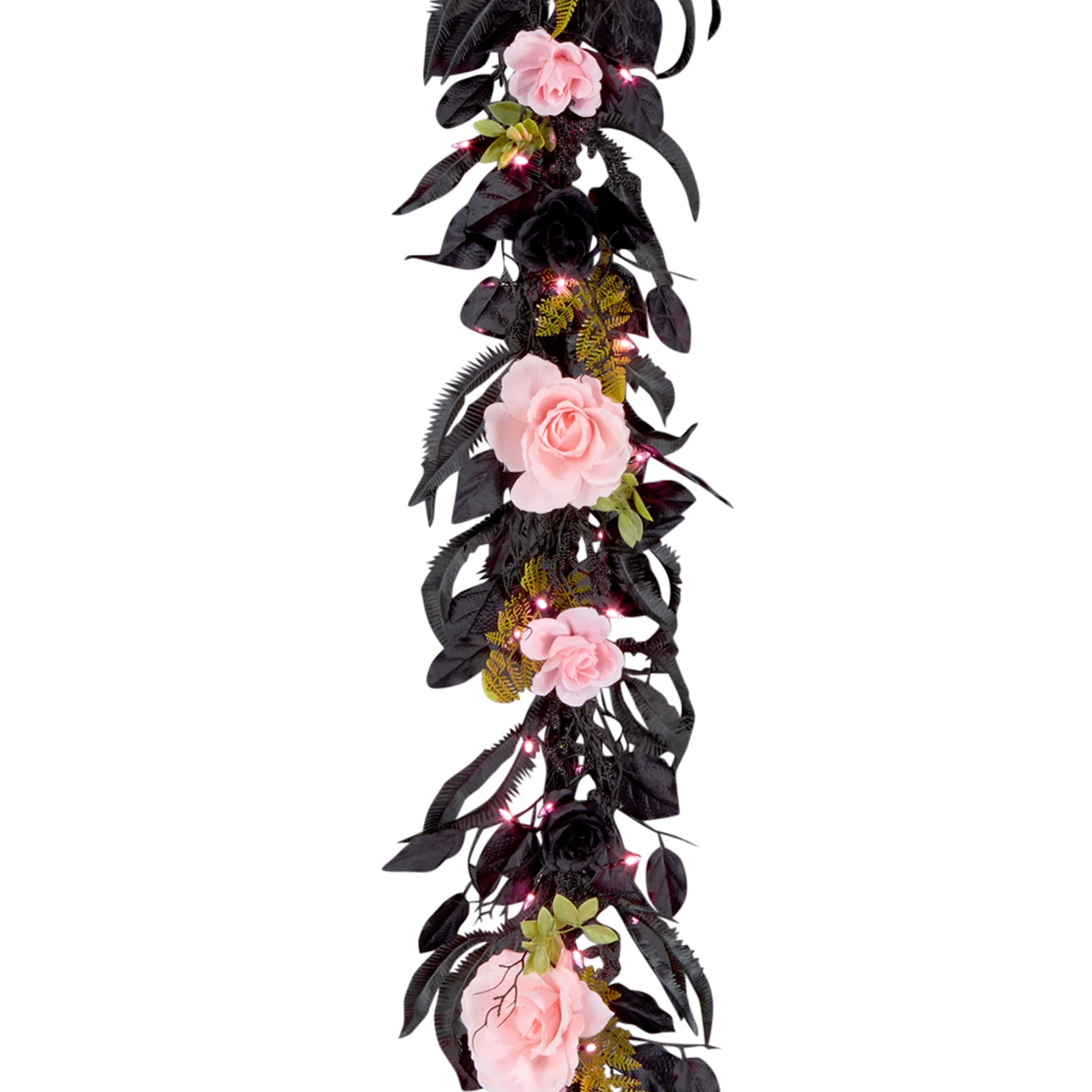 6ft. Cute &#x26; Creepy Pink &#x26; Black Halloween Flower Pre-Lit LED Garland