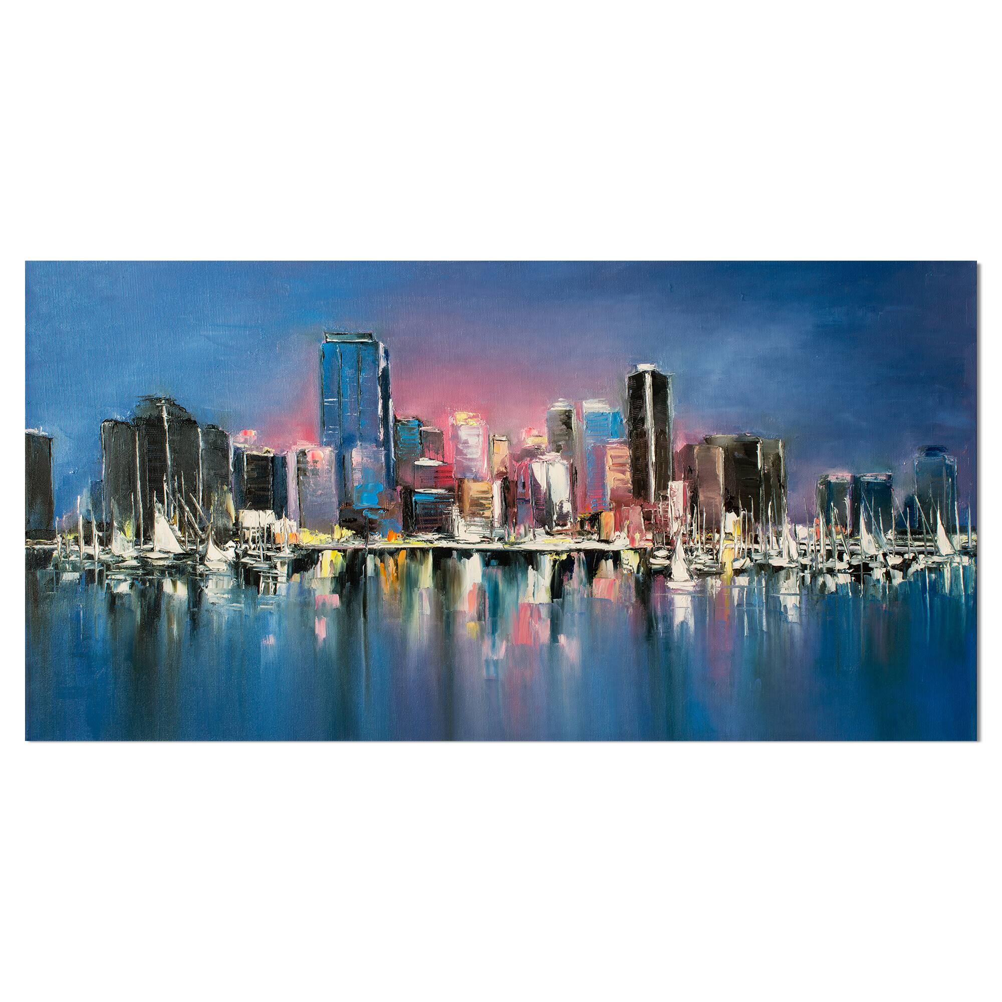 Designart - Coastal City Fantasy Night Scene in Oil Painting - Cityscapes Painting Print on Wrapped Canvas