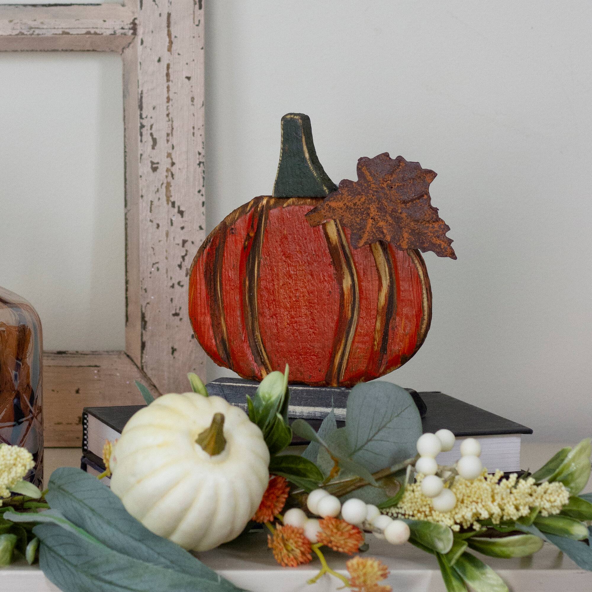 6.5&#x22; Orange Carved Wood Autumn Harvest Pumpkin Decoration