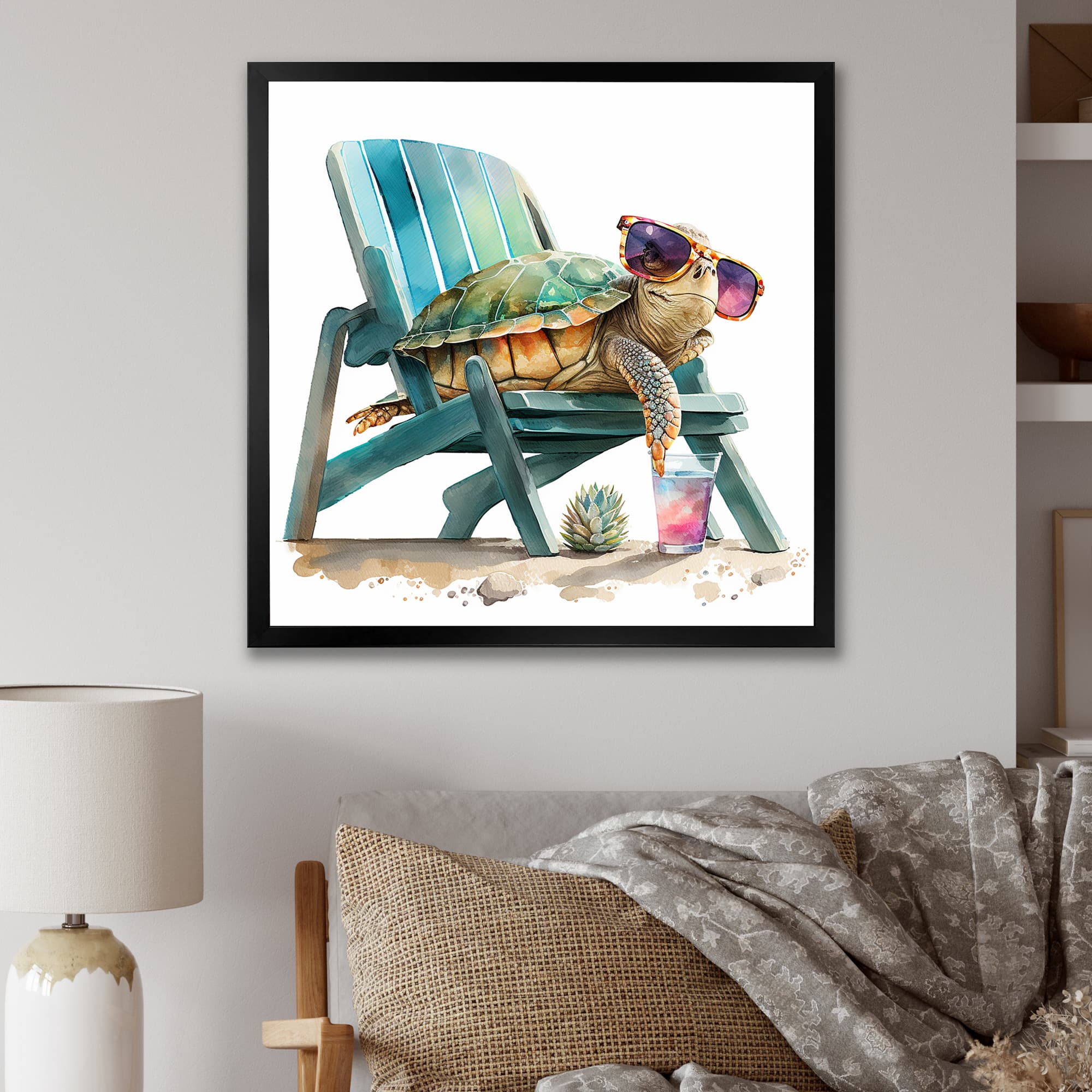 Designart 'Turtle Laying On A Beach Chair With Sunglasses I' Animals Framed Canvas Wall Art