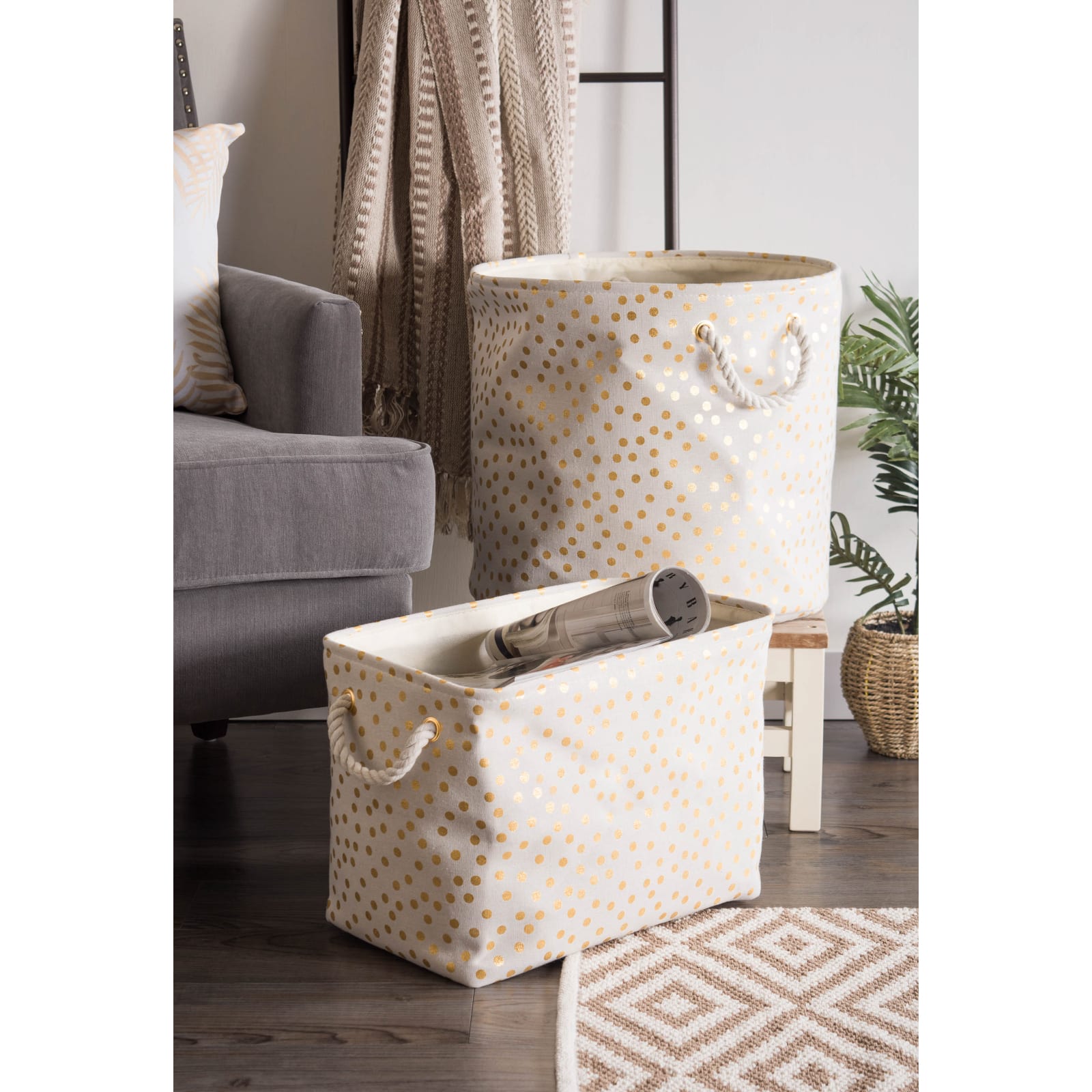 Medium Polyester Rectangle Bin With Gold Dots