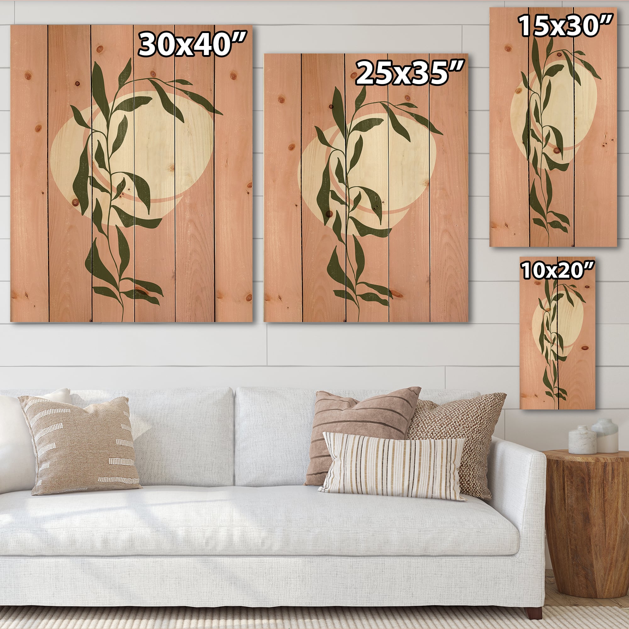 Designart - Abstract Geometrical Sun and Moon With Leaf VI - Modern Print on Natural Pine Wood