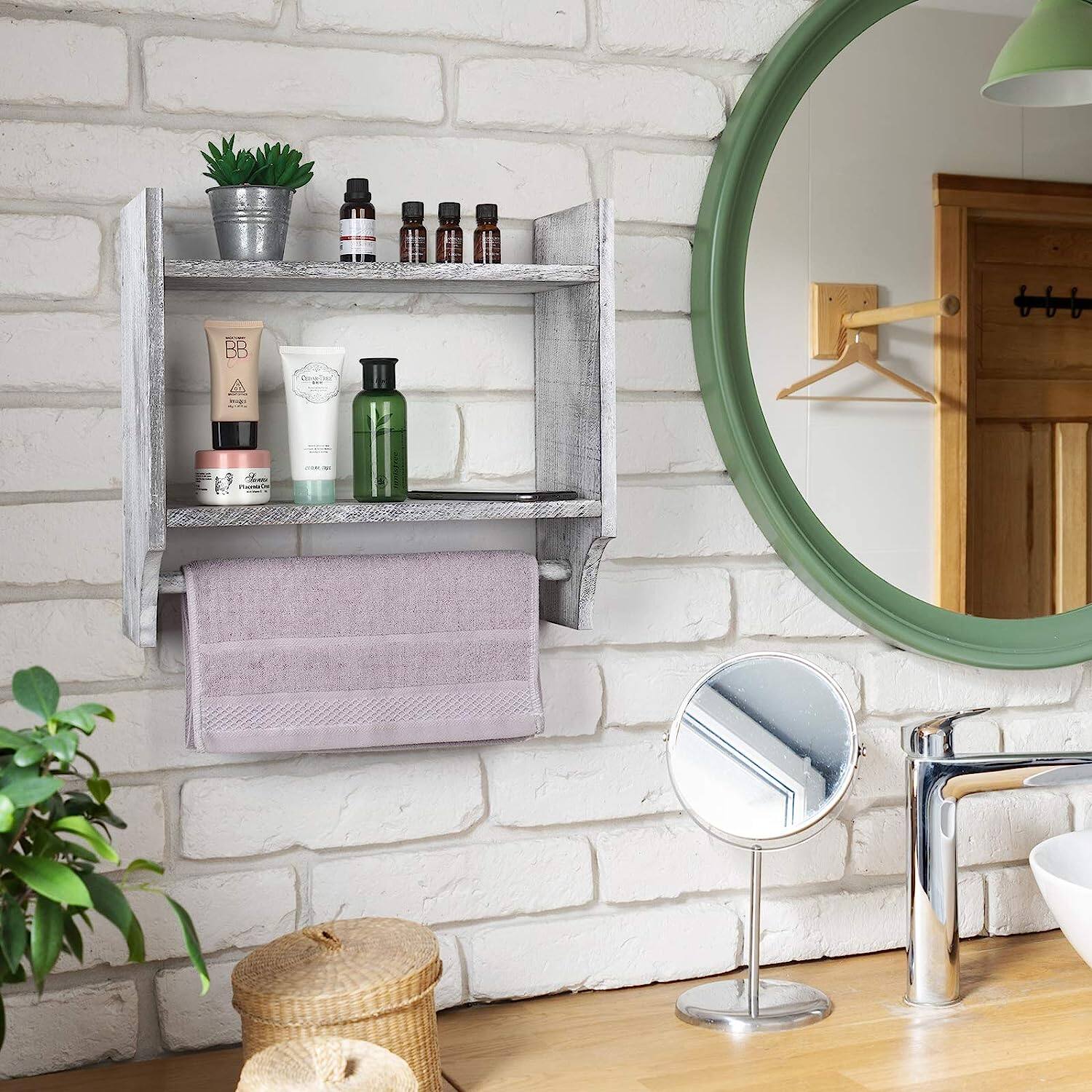 2-Tier Wood Wall Mounted Bathroom Shelf with Towel Rack
