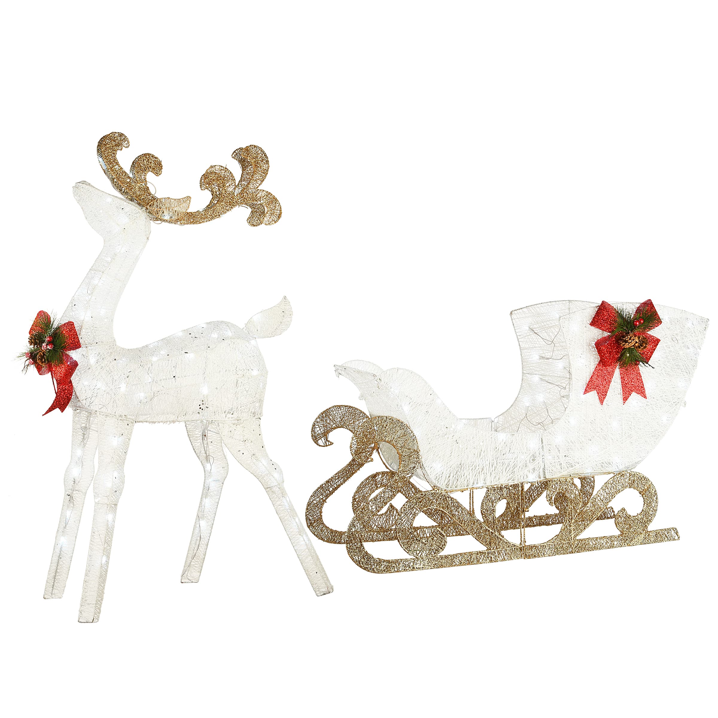 48" White Sisal Reindeer Pulling Sleigh with 140 Cool White LED Lights