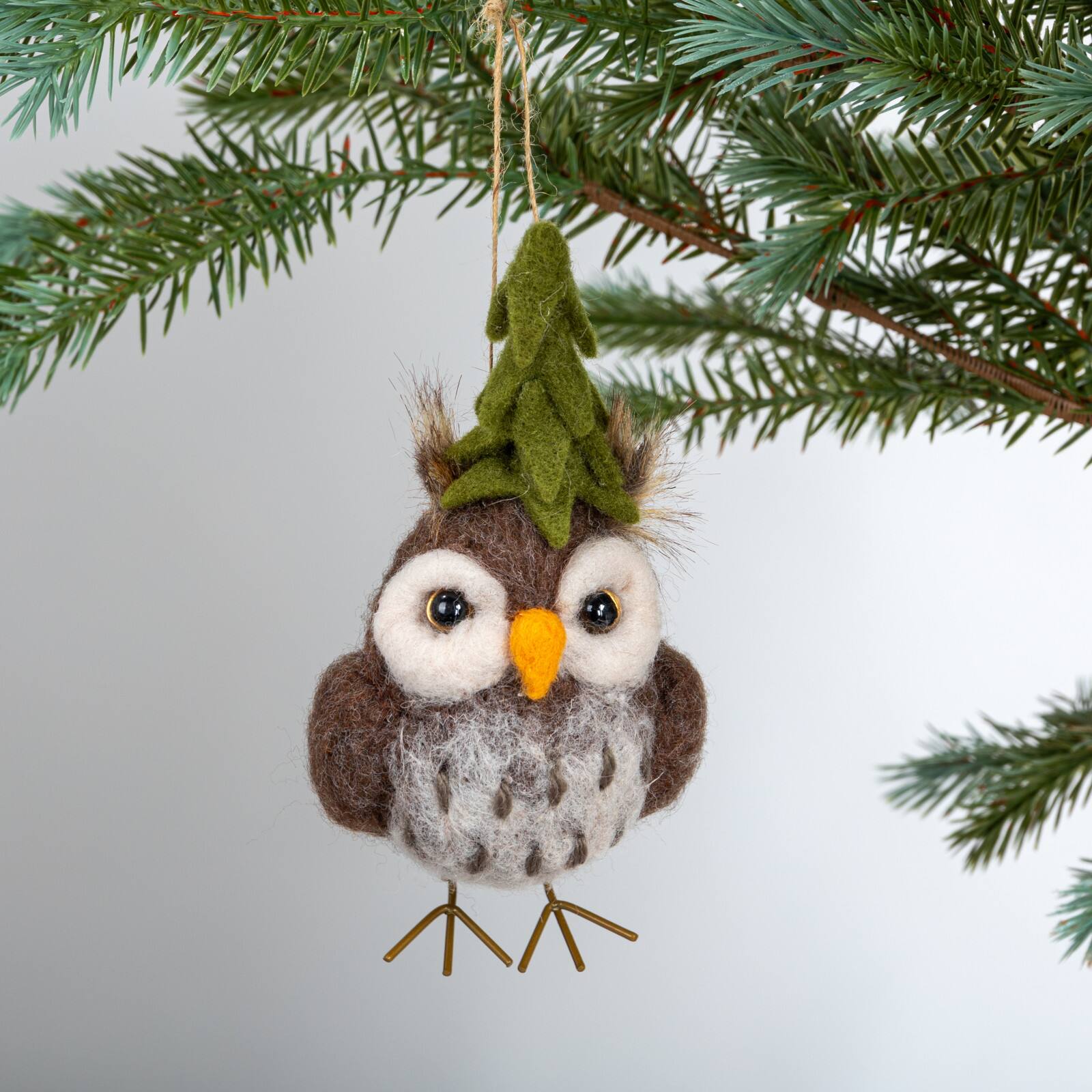 Hello Honey&#xAE; 5.5&#x22; Handmade Wool Felt Owl Ornament with Tree Hat