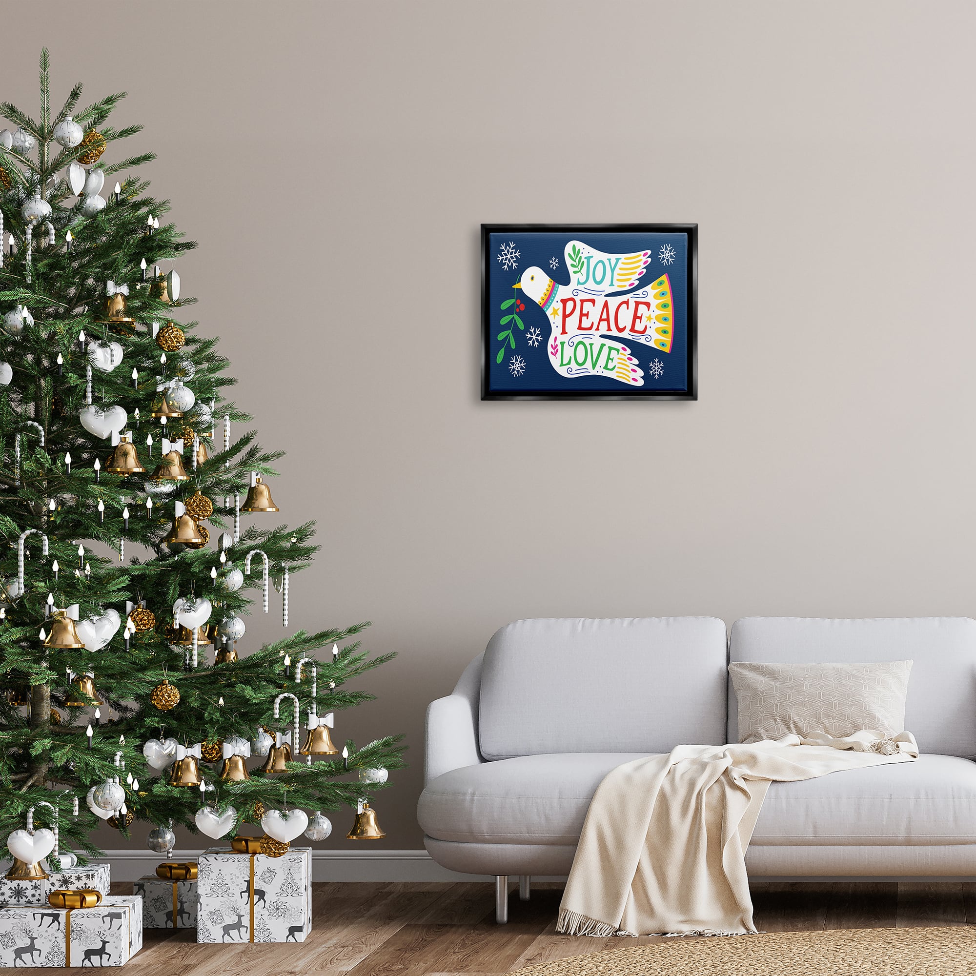 Stupell Industries Joy Peace Love Dove Holly Sprig Framed Floater Canvas Wall Art