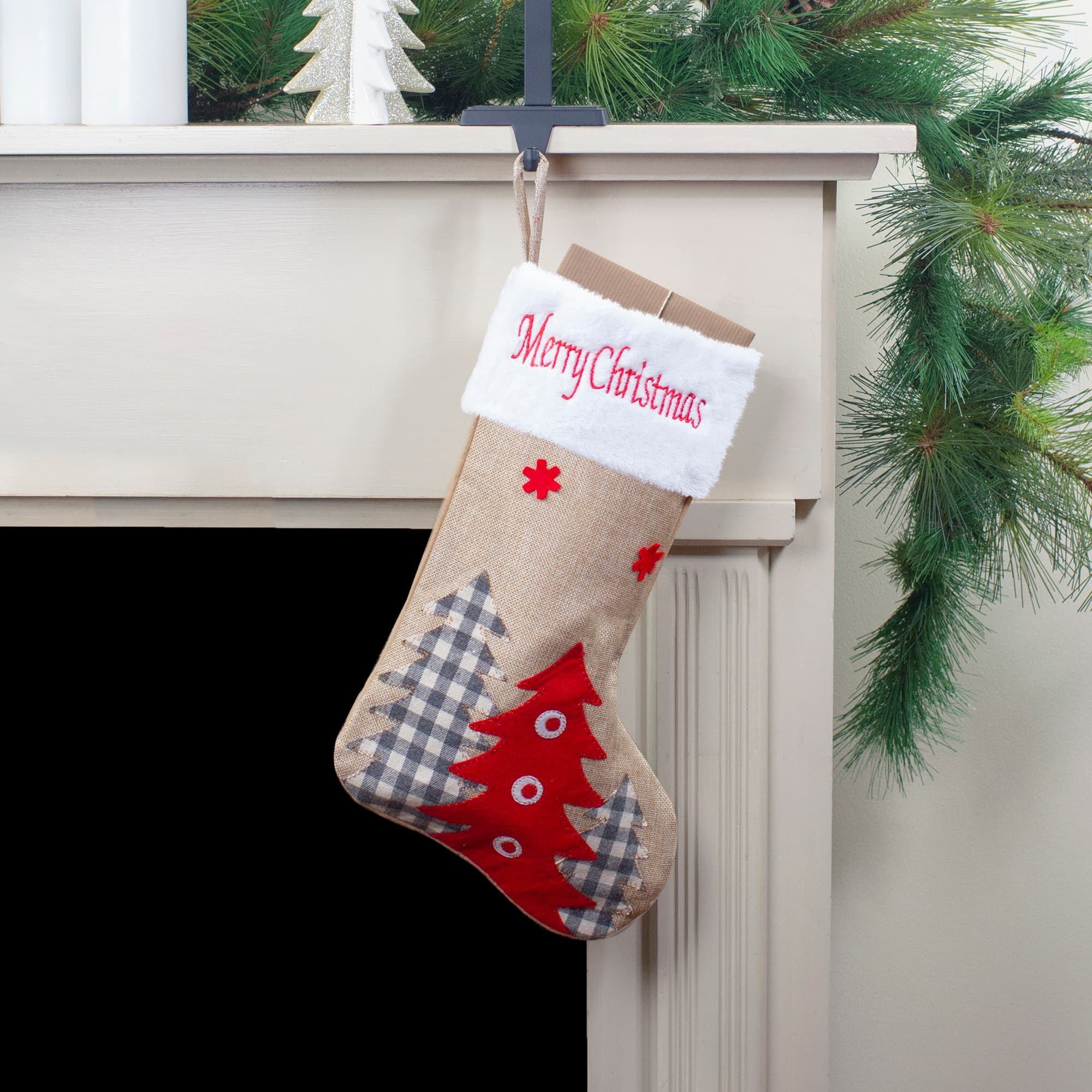19" Beige & Red Burlap Happy Holidays Forest Trees Christmas Stocking