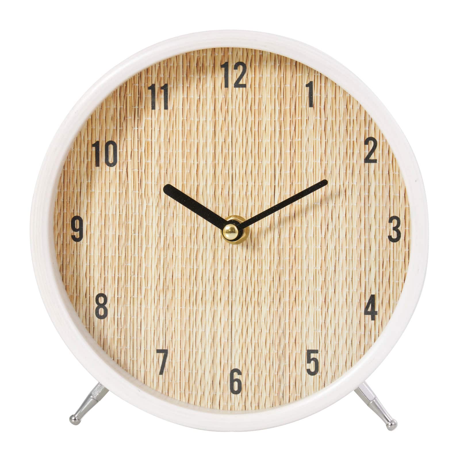 7&#x22; Light Brown Wood Woven Clock with White Frame &#x26; Silver Legs