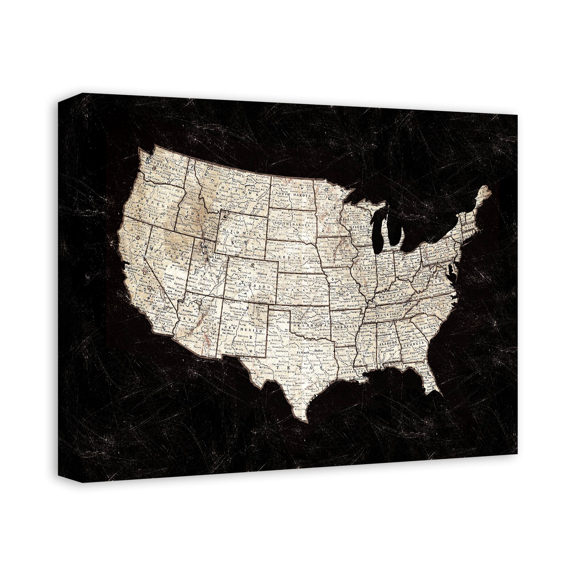 Black United States Map 20" x 16" Canvas Wall Art