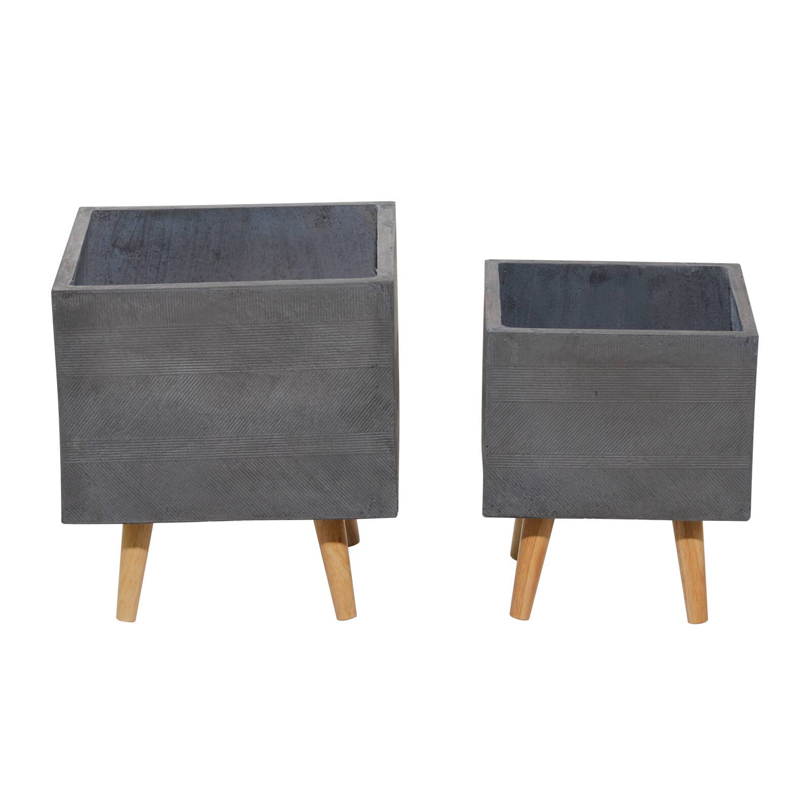 Set of 2 Grey Polystone Contemporary Planter, 13", 15"