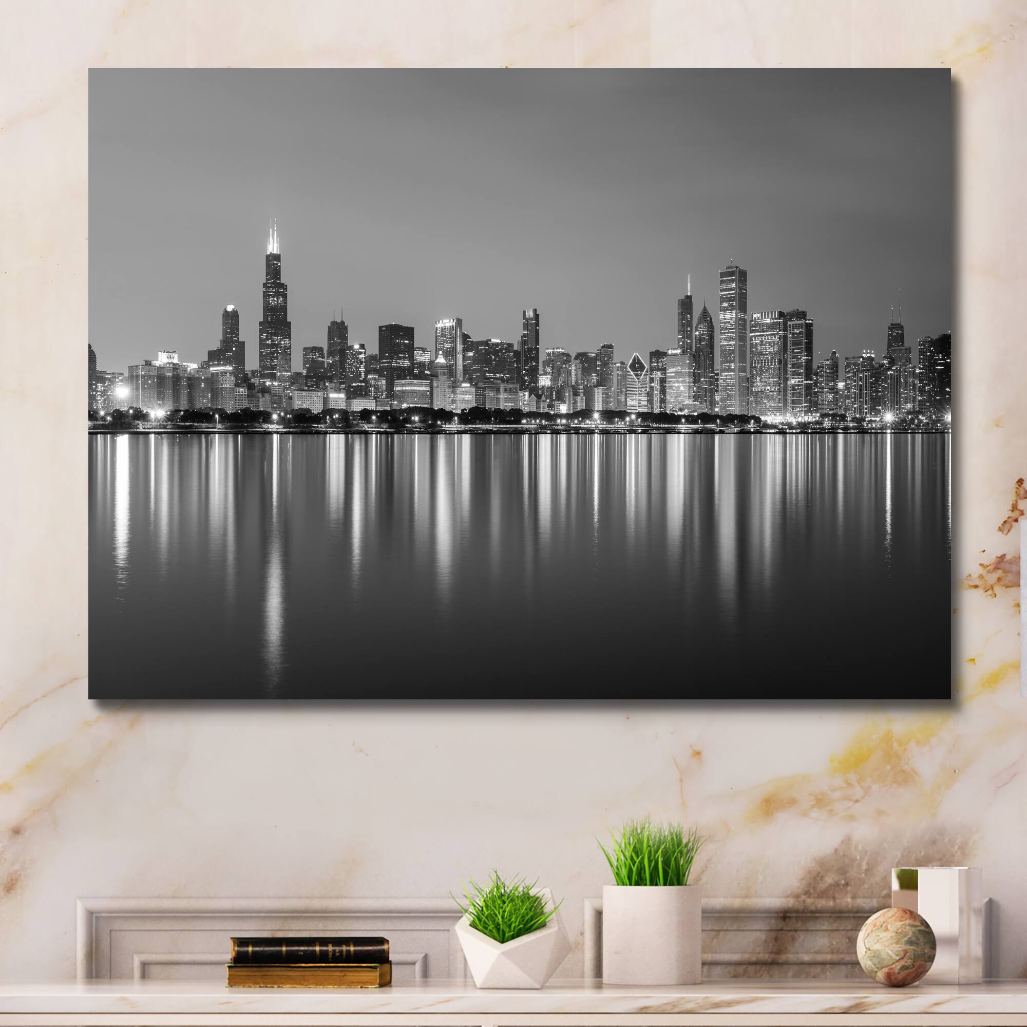 Designart - Chicago Skyline at Night Black and White - Cityscape Canvas Print