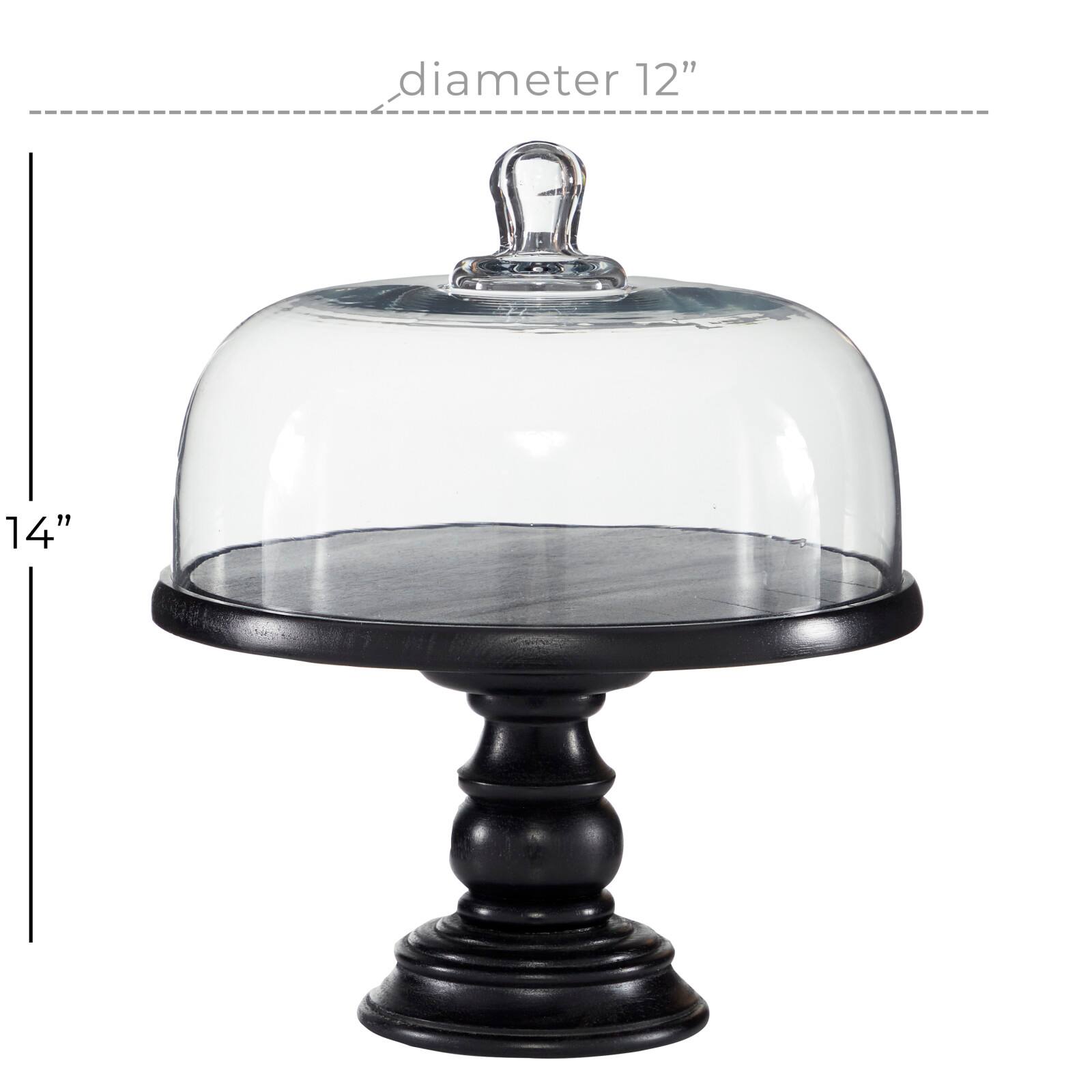 Black Wood and Glass Farmhouse Cake Stand with Cloche, 14&#x22; x 12&#x22; x 12&#x22;