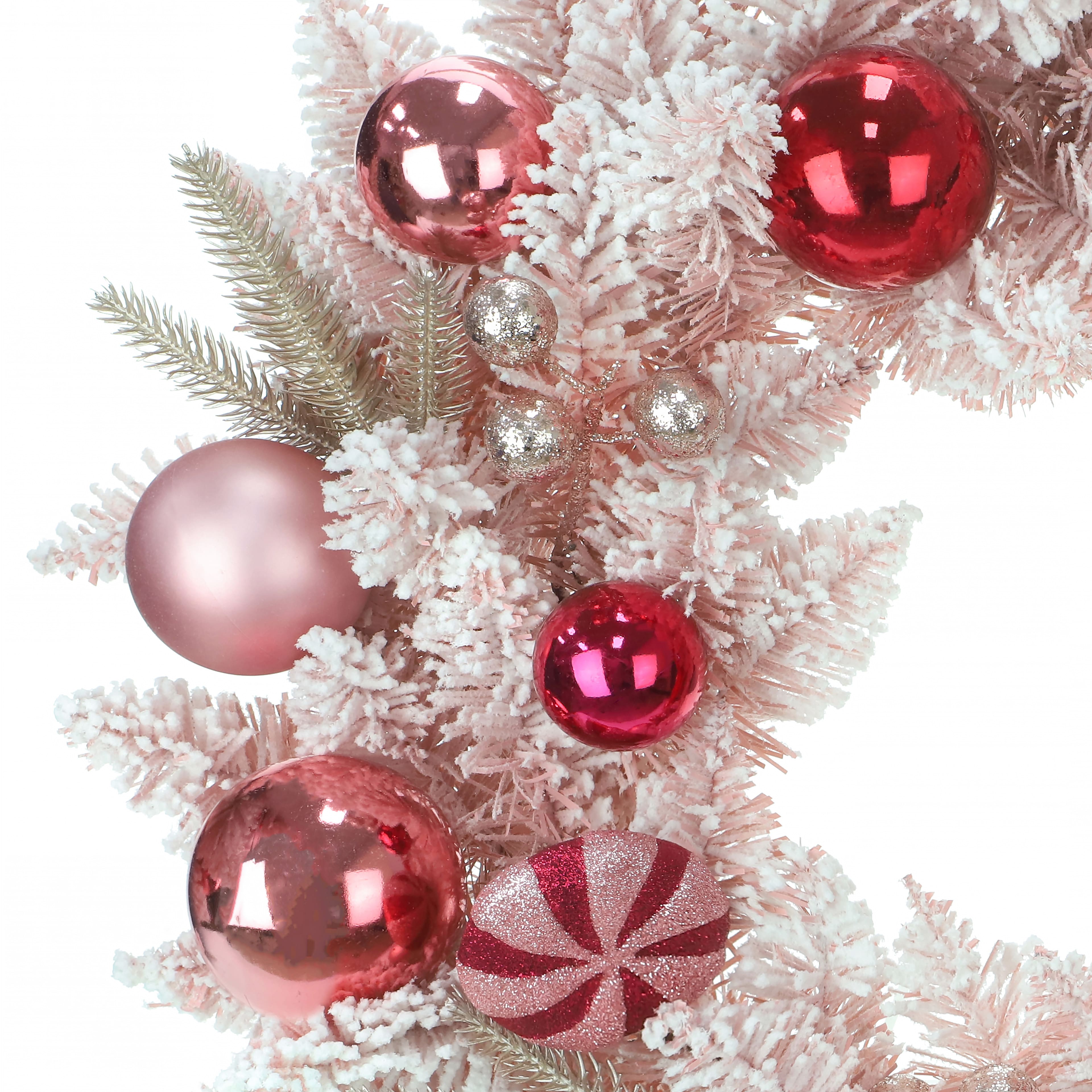 24&#x22; Pink Ornament &#x26; Flocked Pine Wreath with Red Bow by Ashland&#xAE;