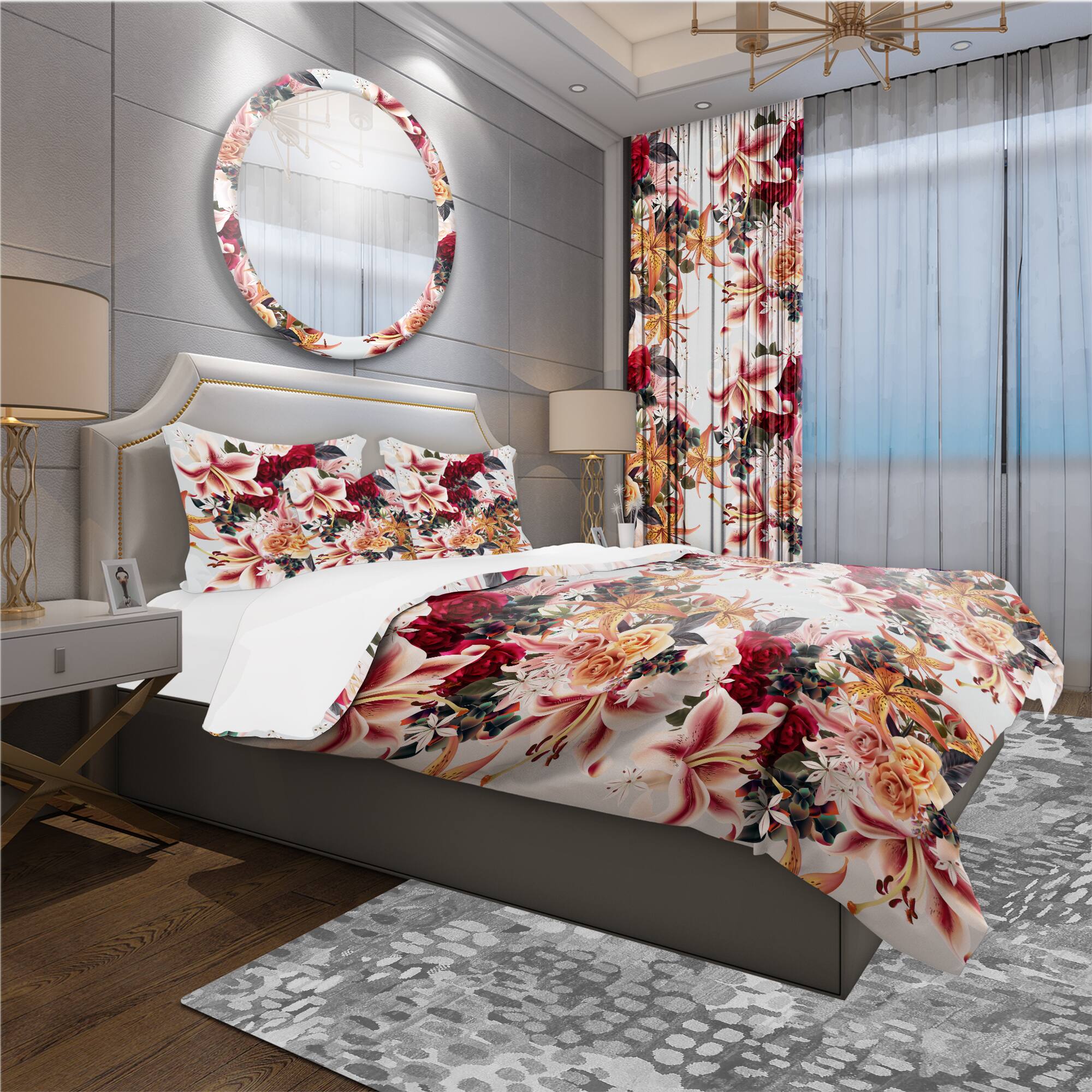 Designart &#x27;Floral Pattern with Roses and Lily&#x27; Modern &#x26; Contemporary Bedding Set - Duvet Cover &#x26; Shams