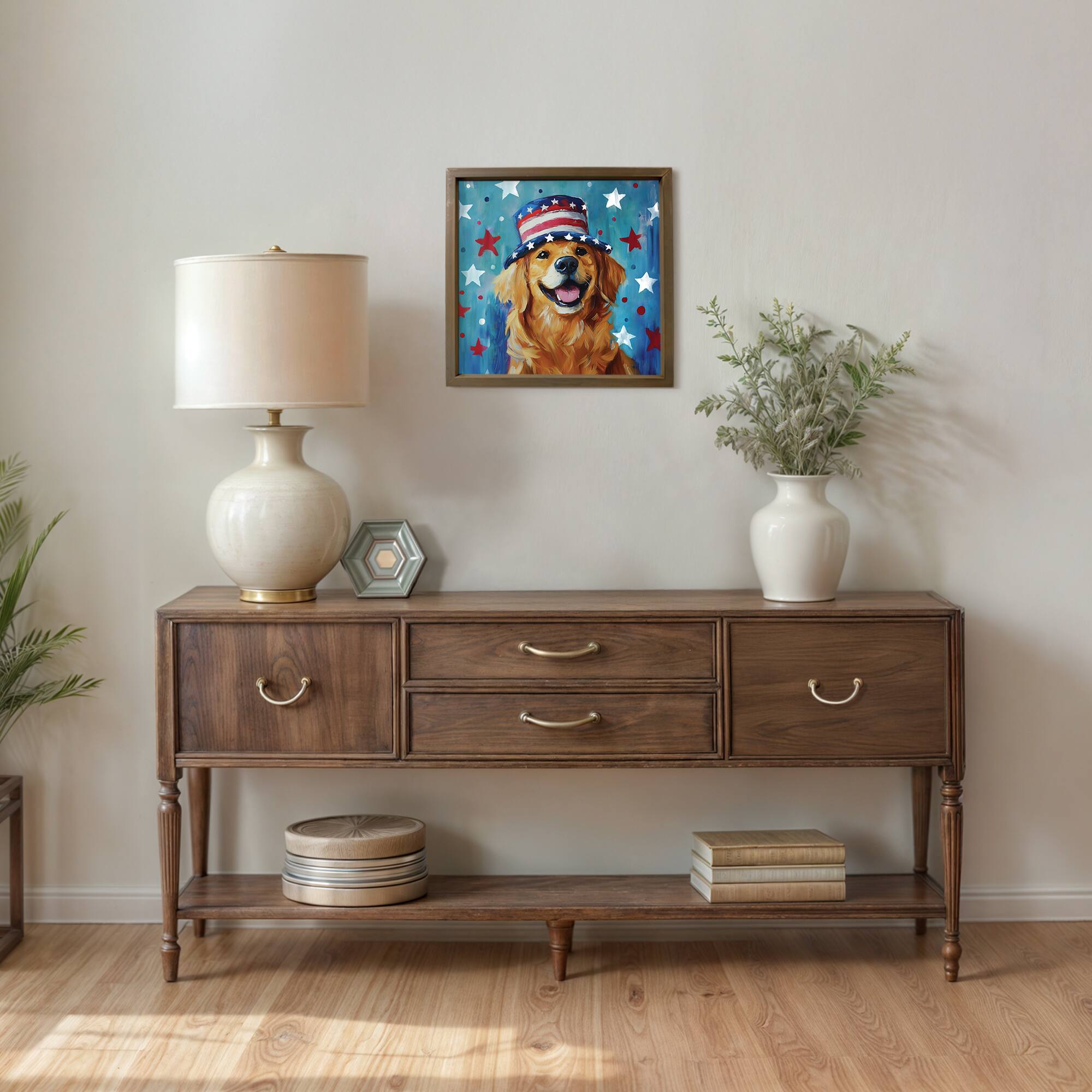 16" x 16" Patriotic Golden Retriever Framed Print