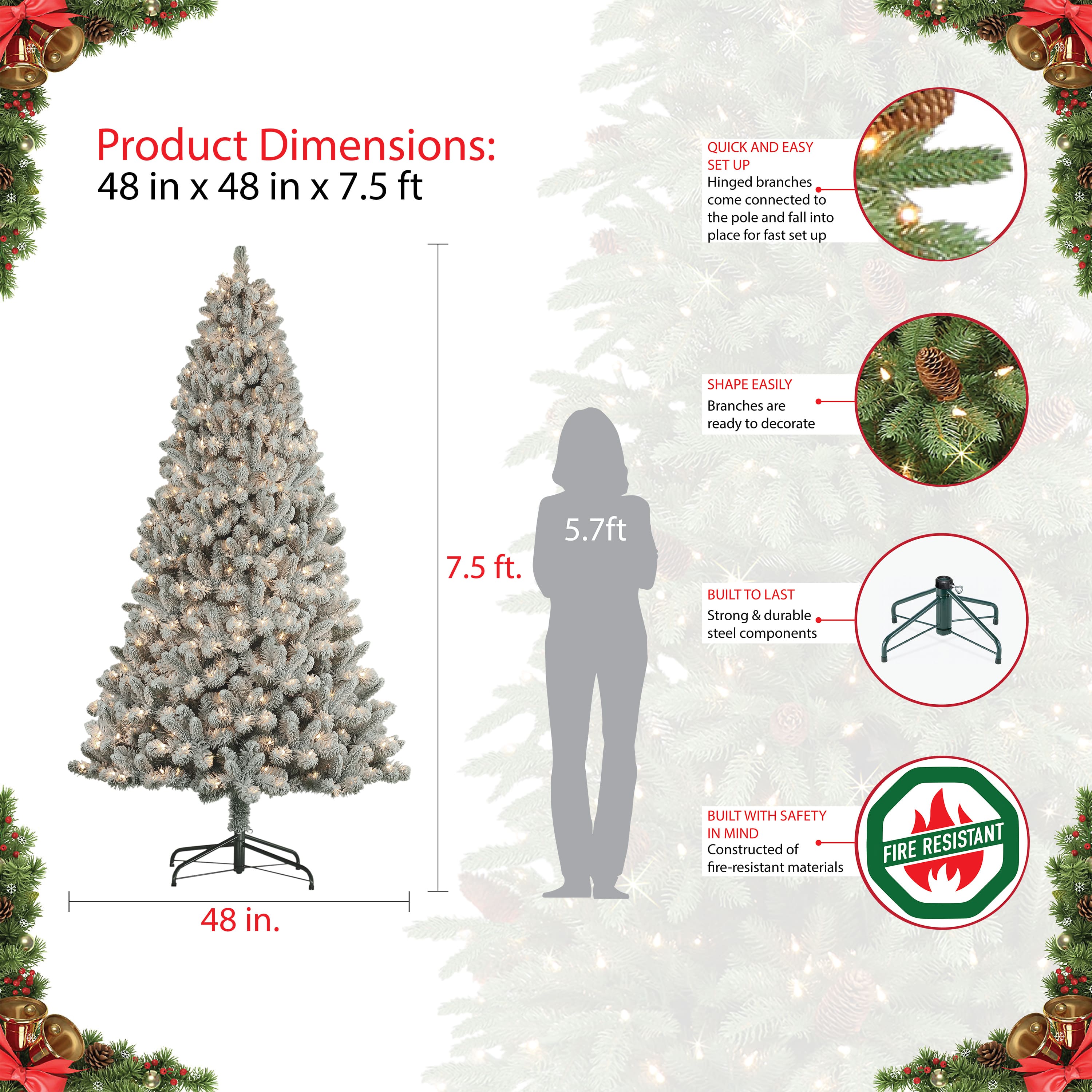 7.5ft. Pre-Lit Flocked Virginia Pine Artificial Christmas Tree, Clear Lights