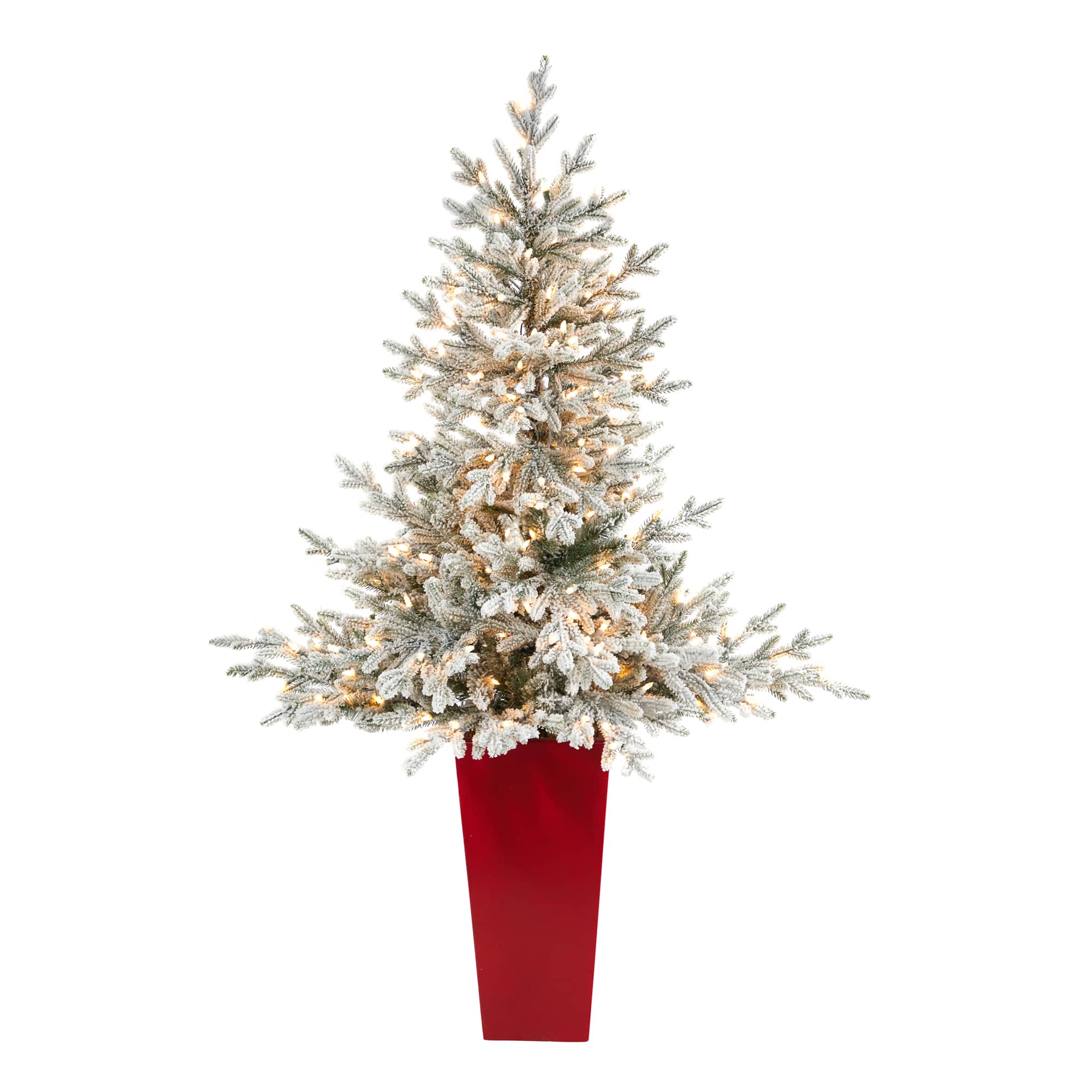 4.75ft. Pre-Lit Flocked Fraser Fir Artificial Christmas Tree in Tower Planter, Warm White Lights