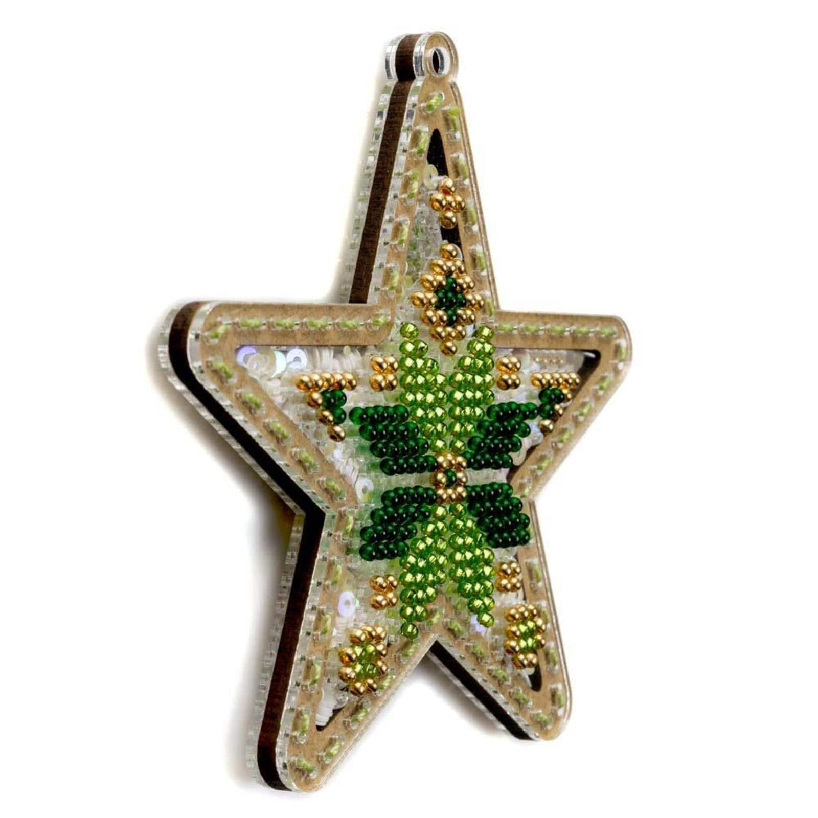 Wonderland Crafts Green &#x26; Gold Star Christmas Ornament Bead Embroidery Kit