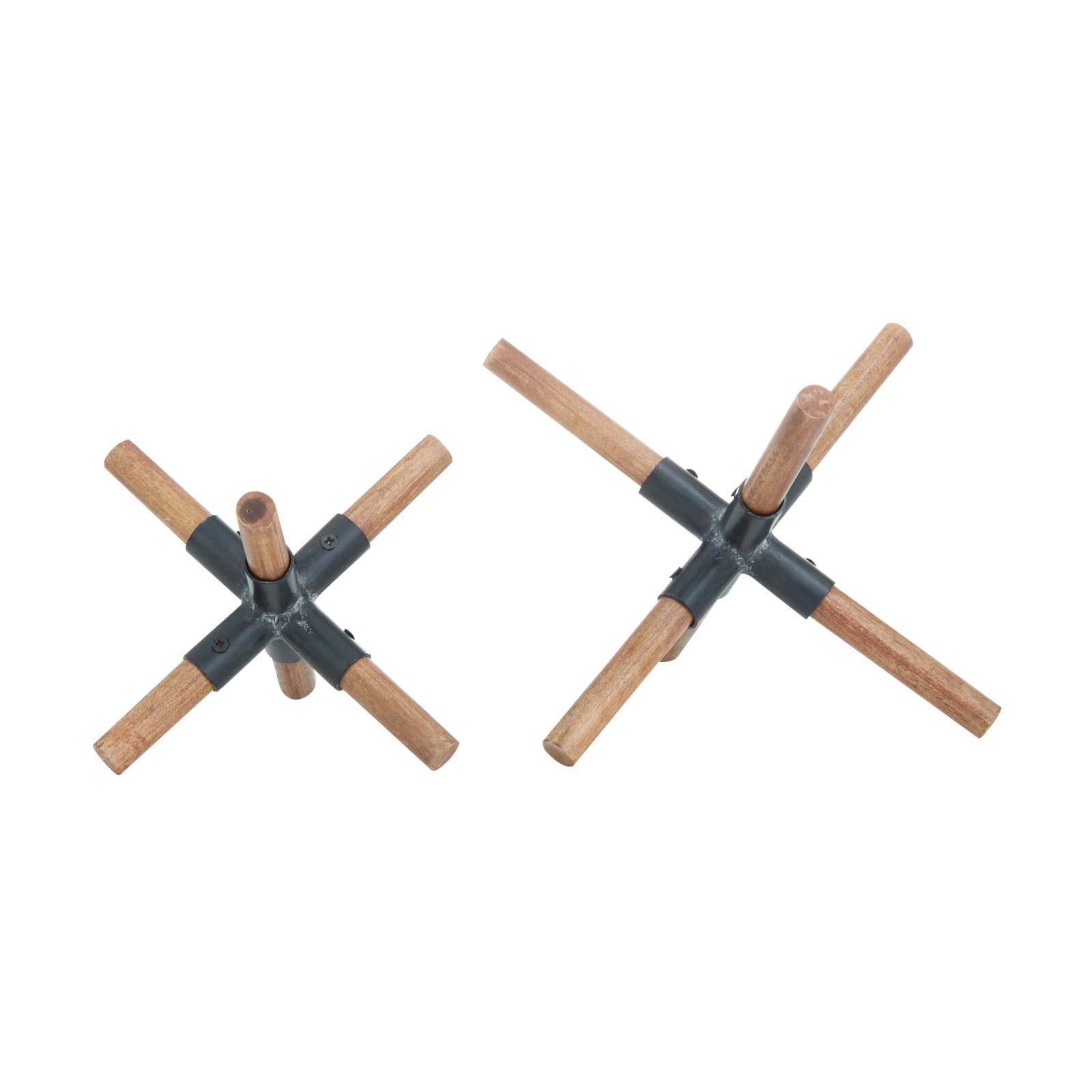 Set of 2 Brown Wood Industrial Sculptures, 6&#x22; x 6&#x22; x 5&#x22;