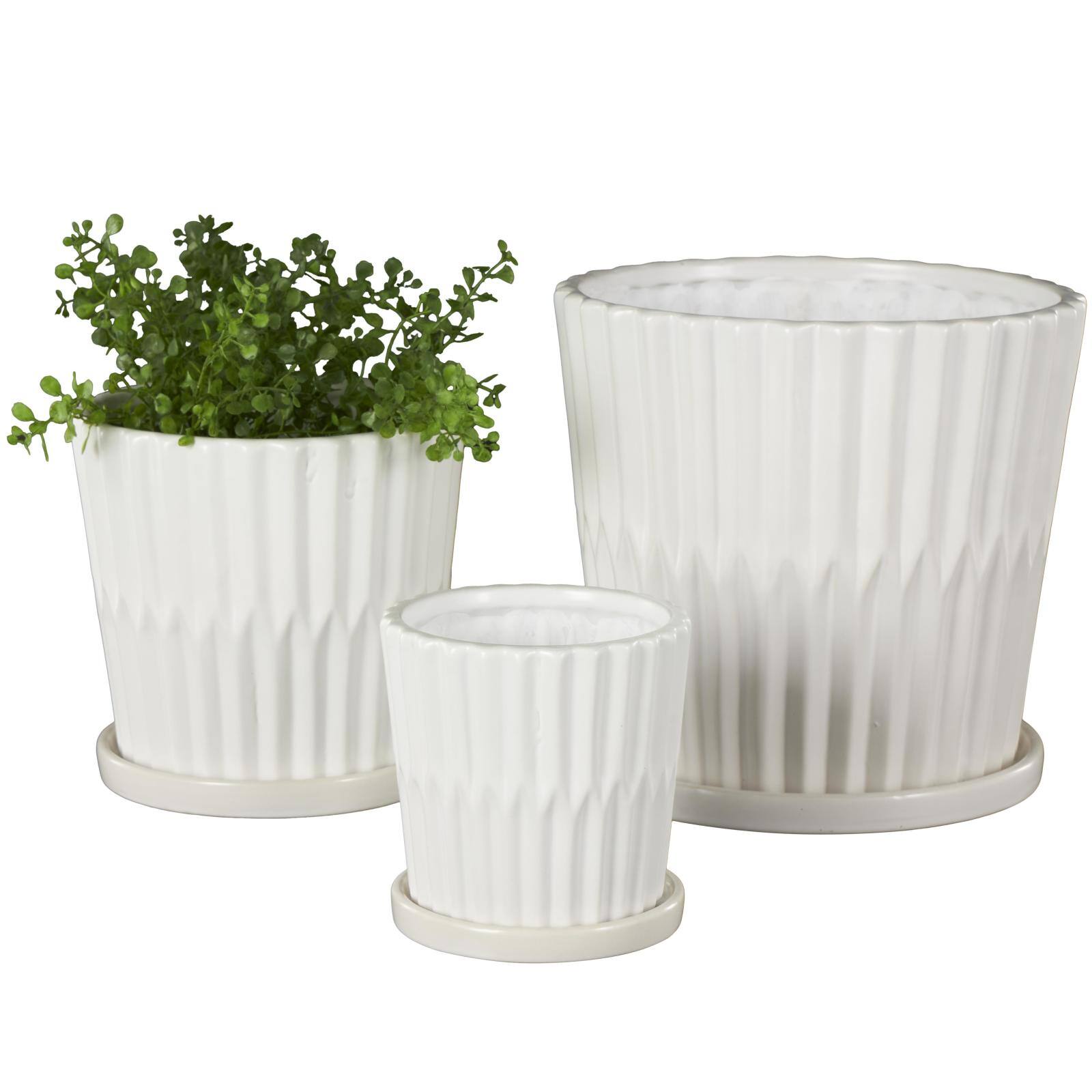 White Double Ribbed Textured Ceramic Planter Set