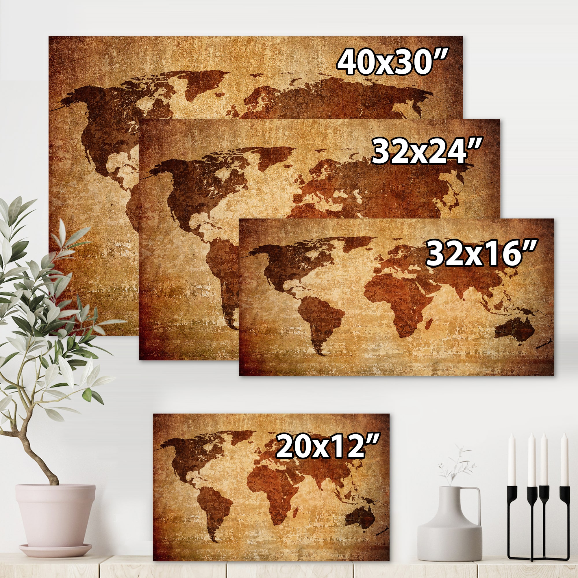 Designart - Ancient Map of The World XI - Vintage Canvas Wall Art Print