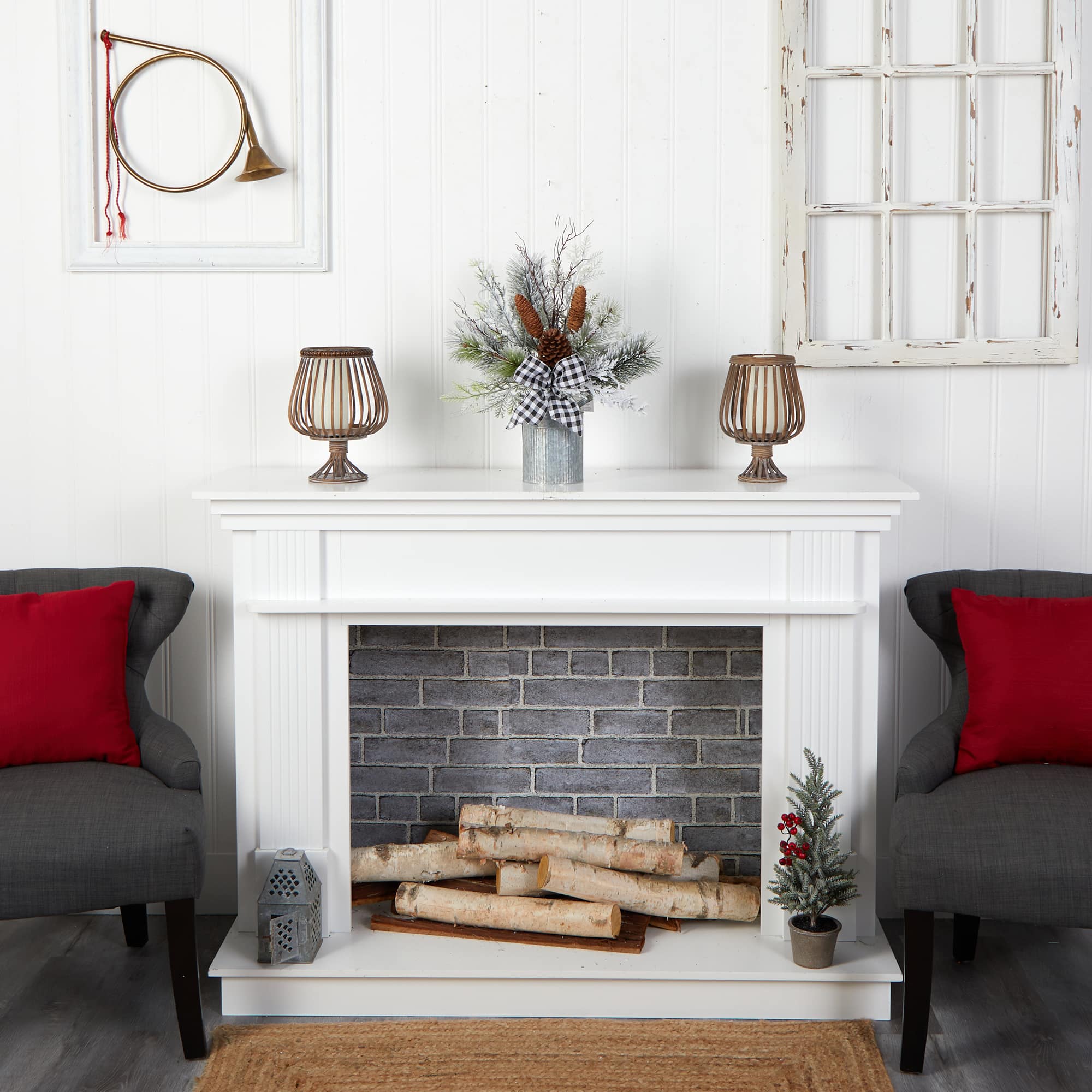 20" Winter Greenery, Pinecones & Gingham Plaid Bow Arrangement