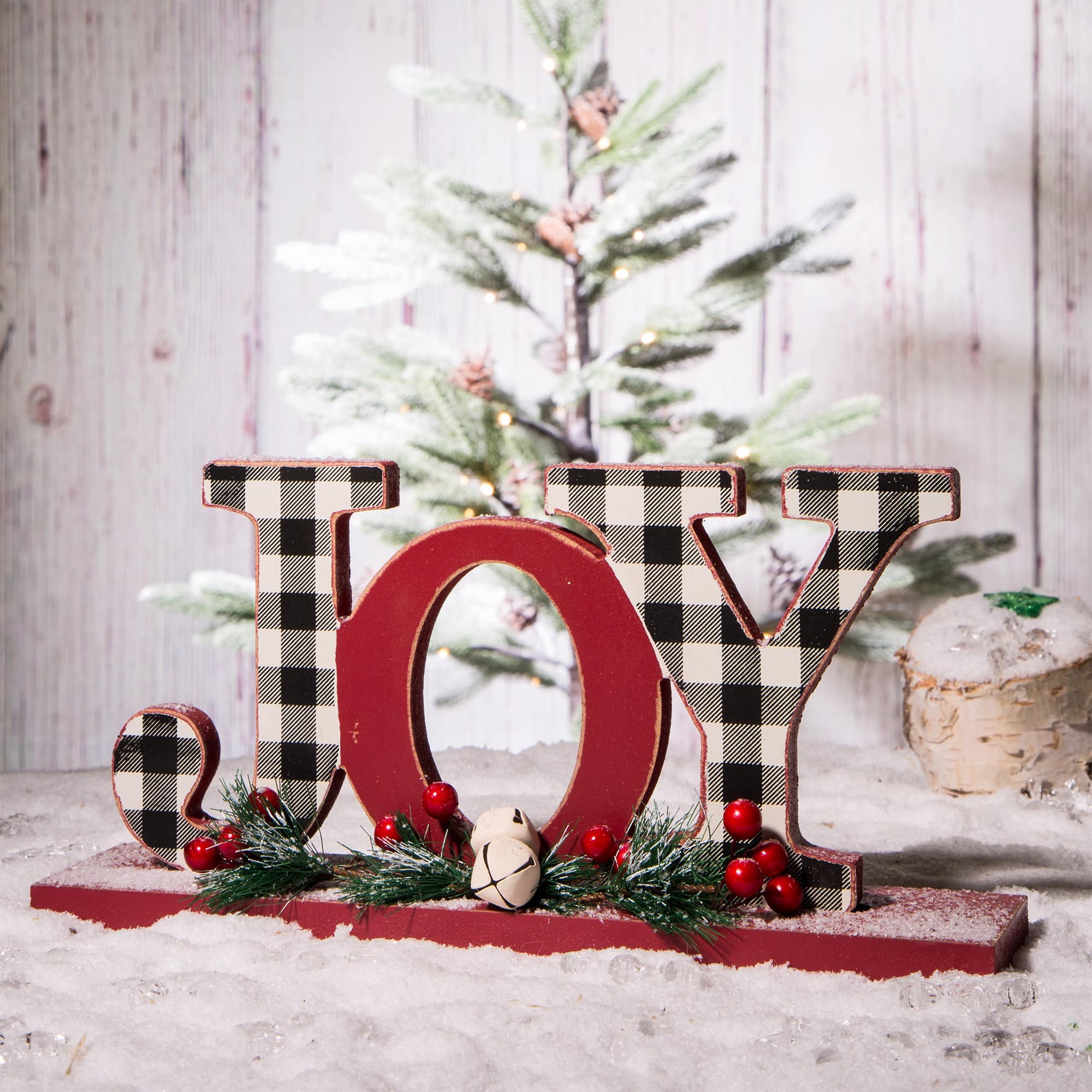 Glitzhome&#xAE; 11.5&#x22; Christmas Wooden Plaid JOY Tabletop D&#xE9;cor