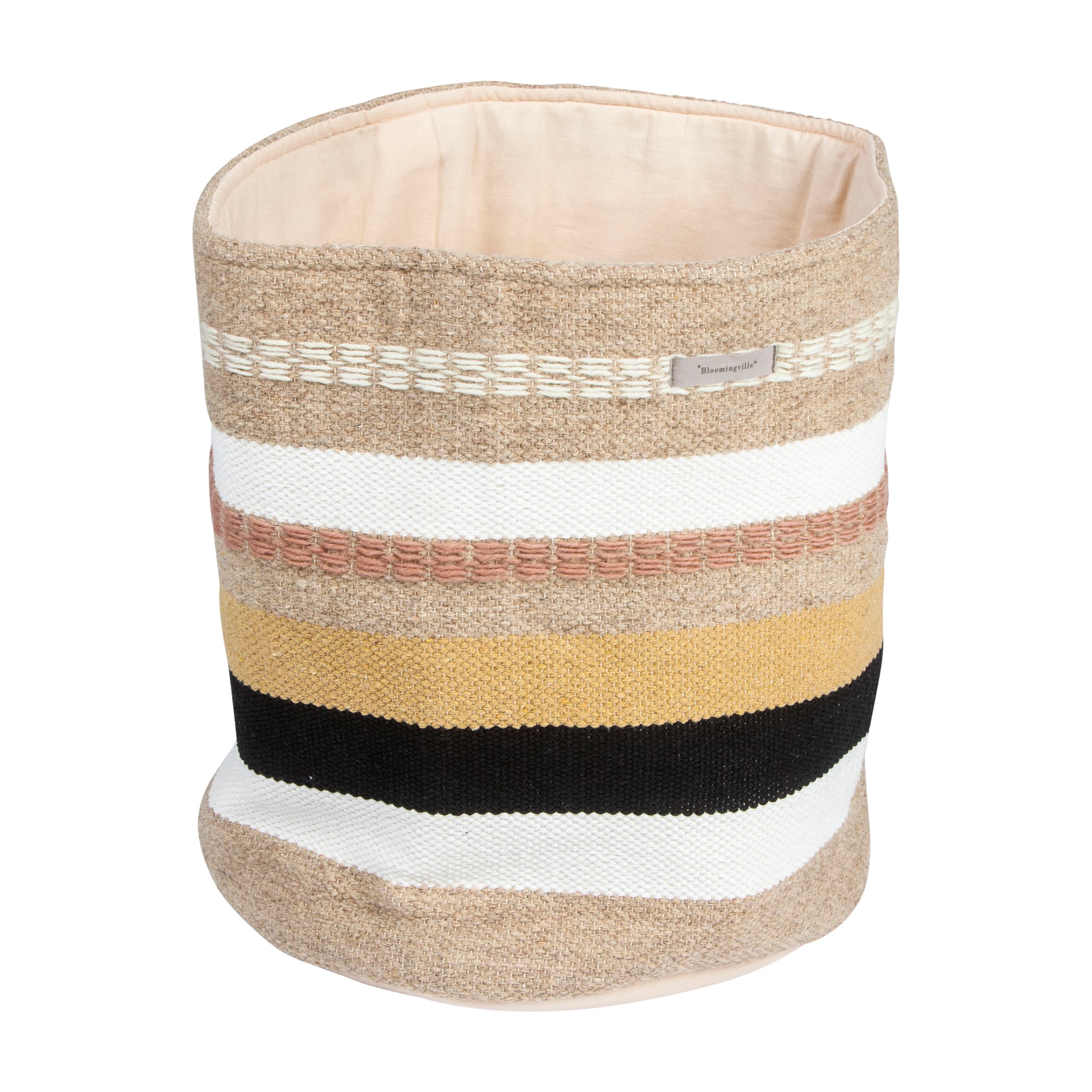 Hello Honey® 16" White, Brown & Pink Striped Round Woven Fabric Basket