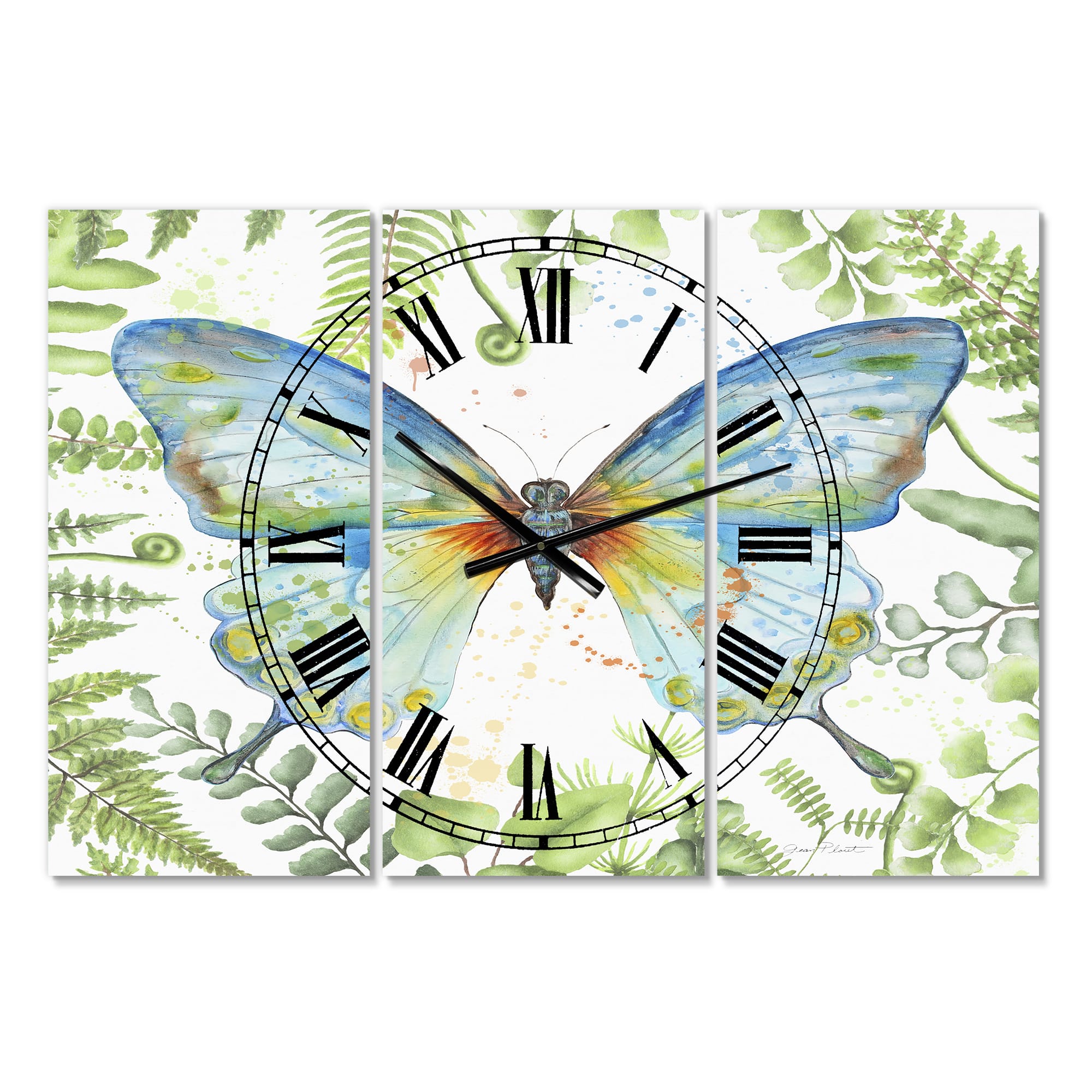 Designart Botanical Butterfly Beauty 3 panel Large Cottage Wall Clock