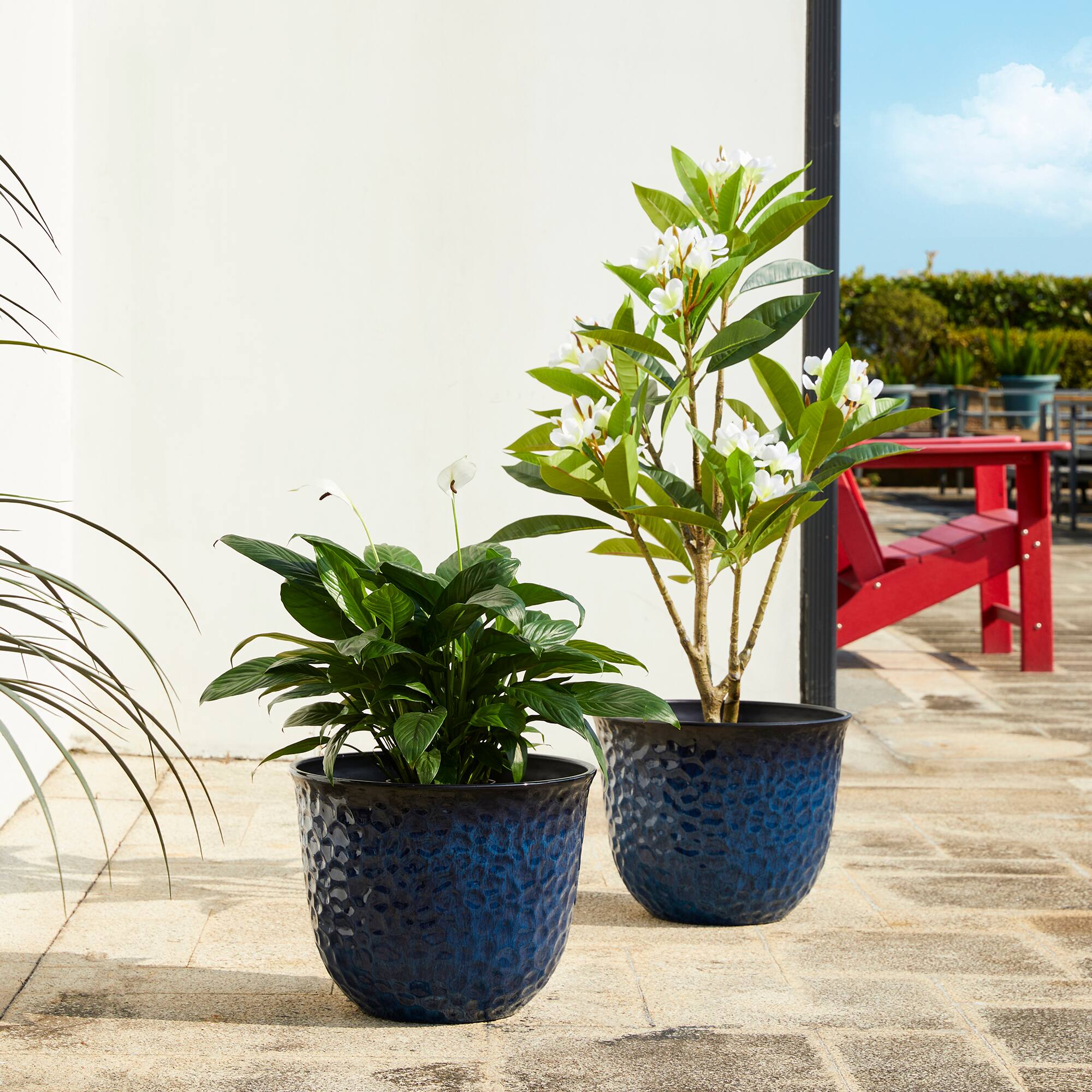 Glitzhome® 15.25" Honeycomb Textured Cobalt Blue Faux Ceramic Plastic Planters, 2ct.