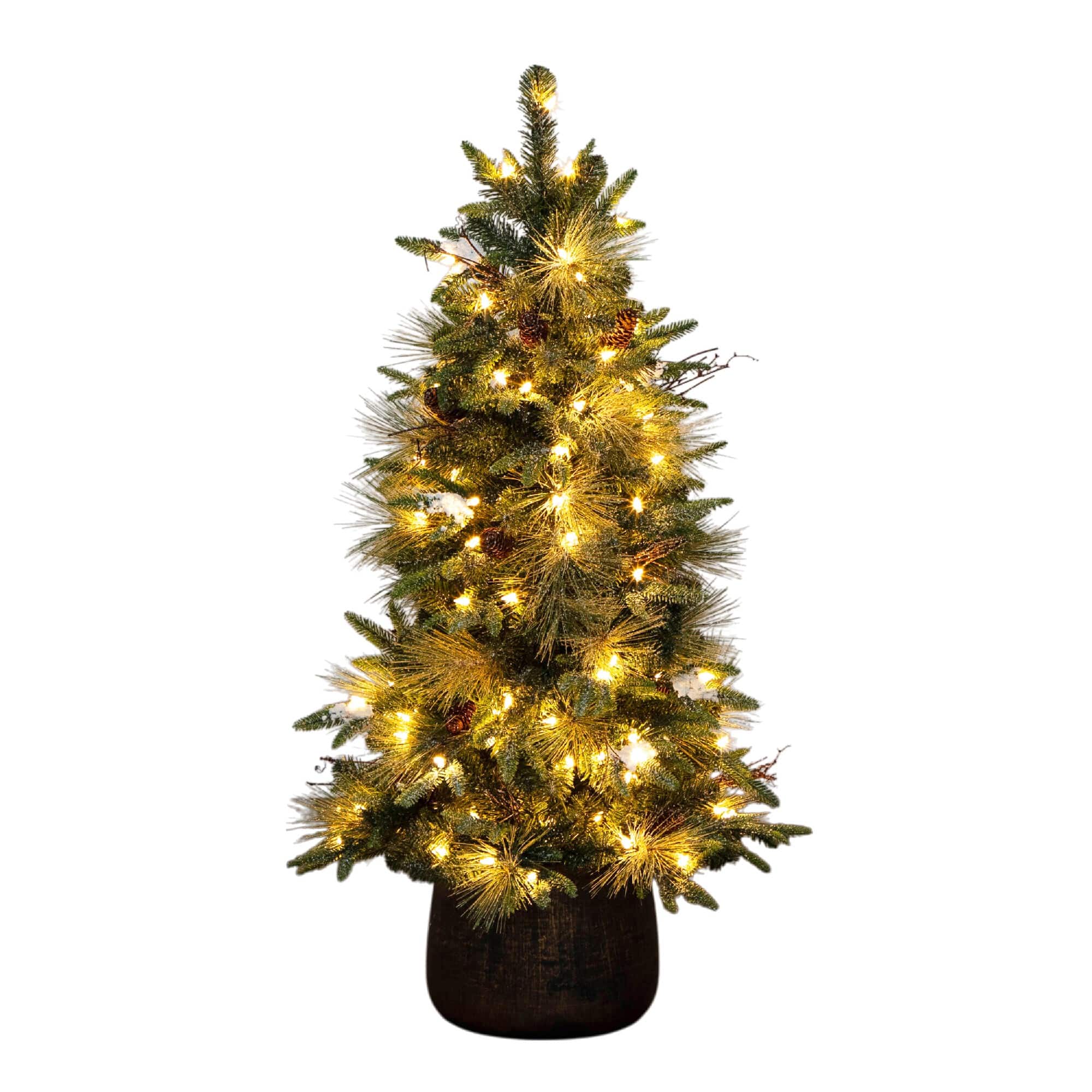 4ft. Pre-Lit Mixed Pine Snowed Artificial Christmas Tree with Pinecones in Decorative Planter, Warm White LED Lights