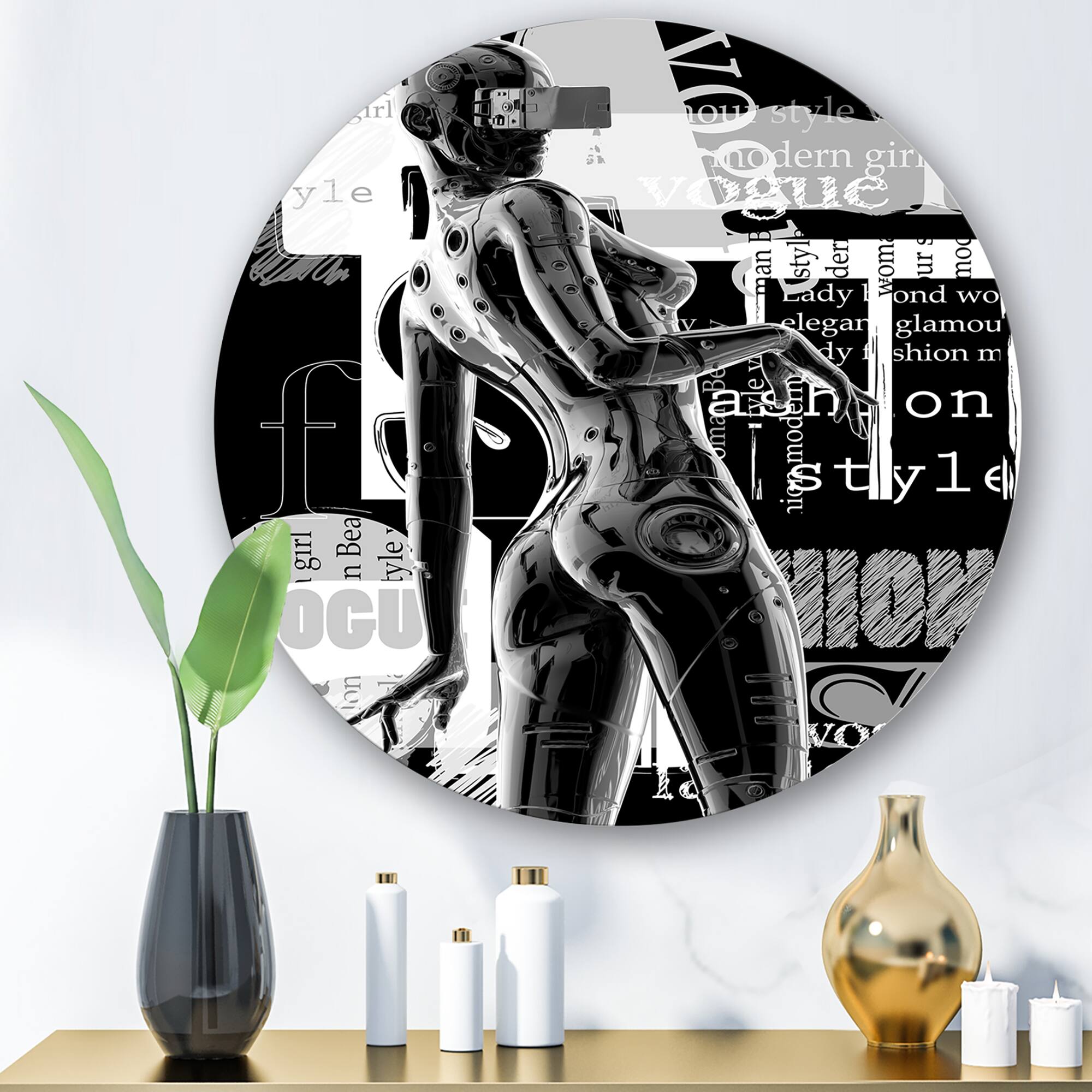 Designart - Monochrome Cyborg Body I - Modern Metal Circle Wall Art