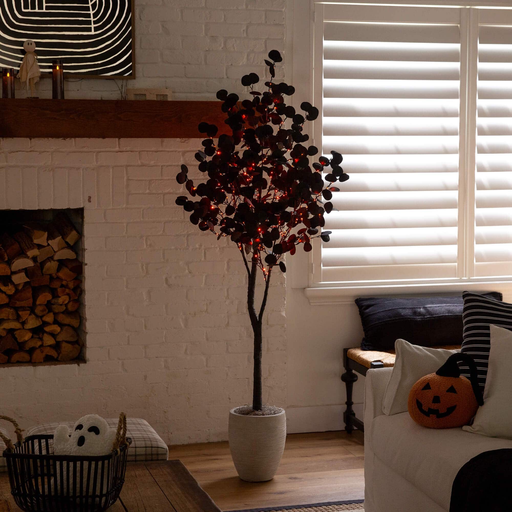 6ft. Pre-Lit Artificial Halloween Black Eucalyptus Tree with 300 Orange &#x26; Purple LED Lights