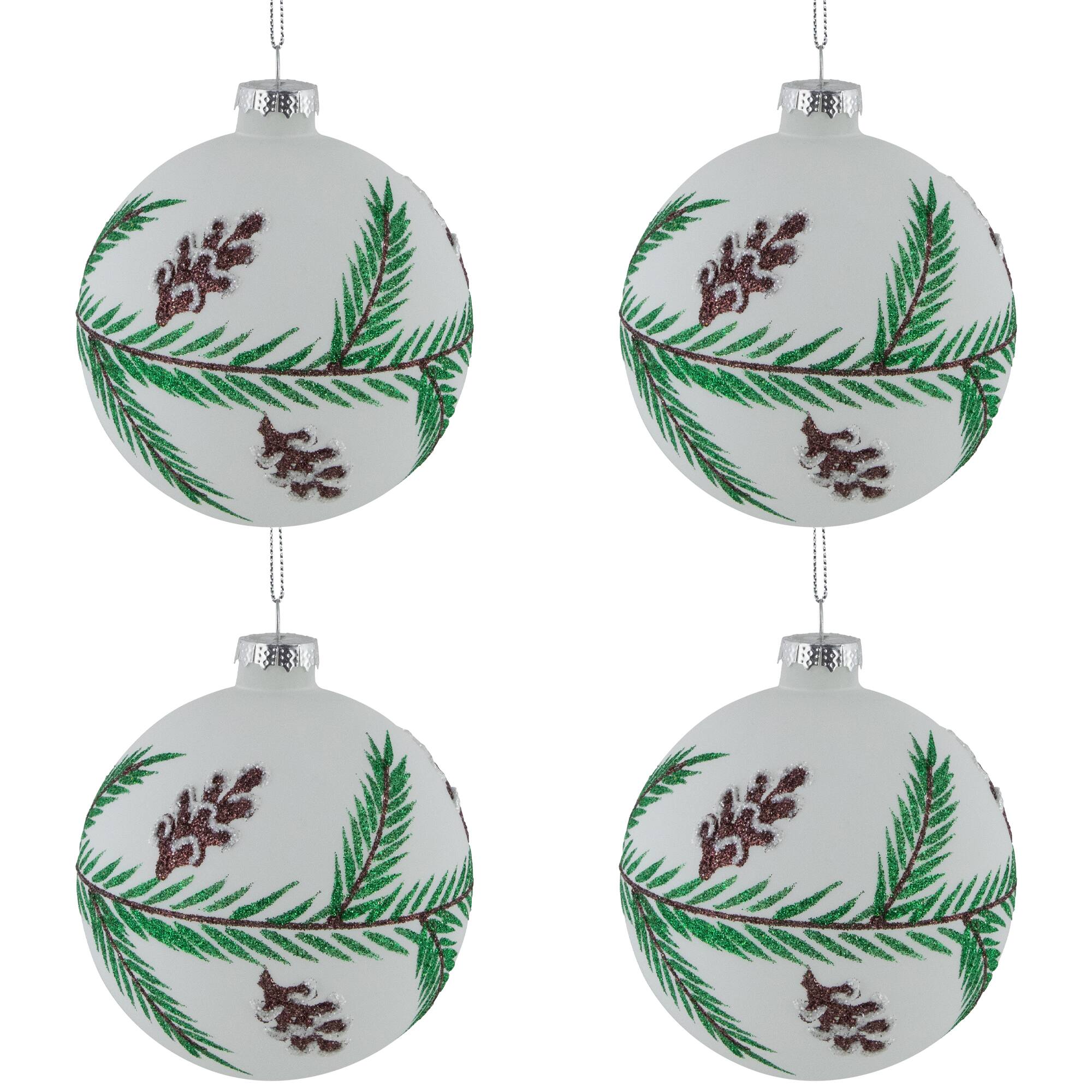 Glittered Glass Ball Christmas Ornaments with Pine Cones - 4" (100mm) - 4ct