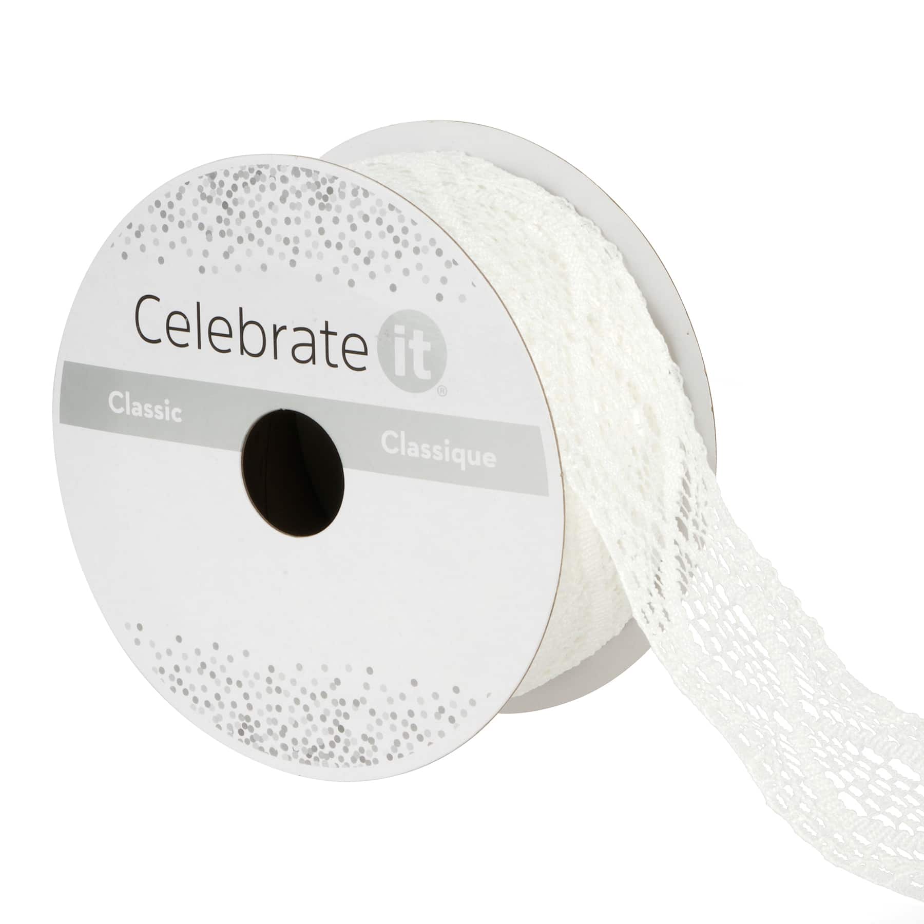 1.25'' x 3 yd. White and Gold Lace Trim Ribbon by Celebrate It®