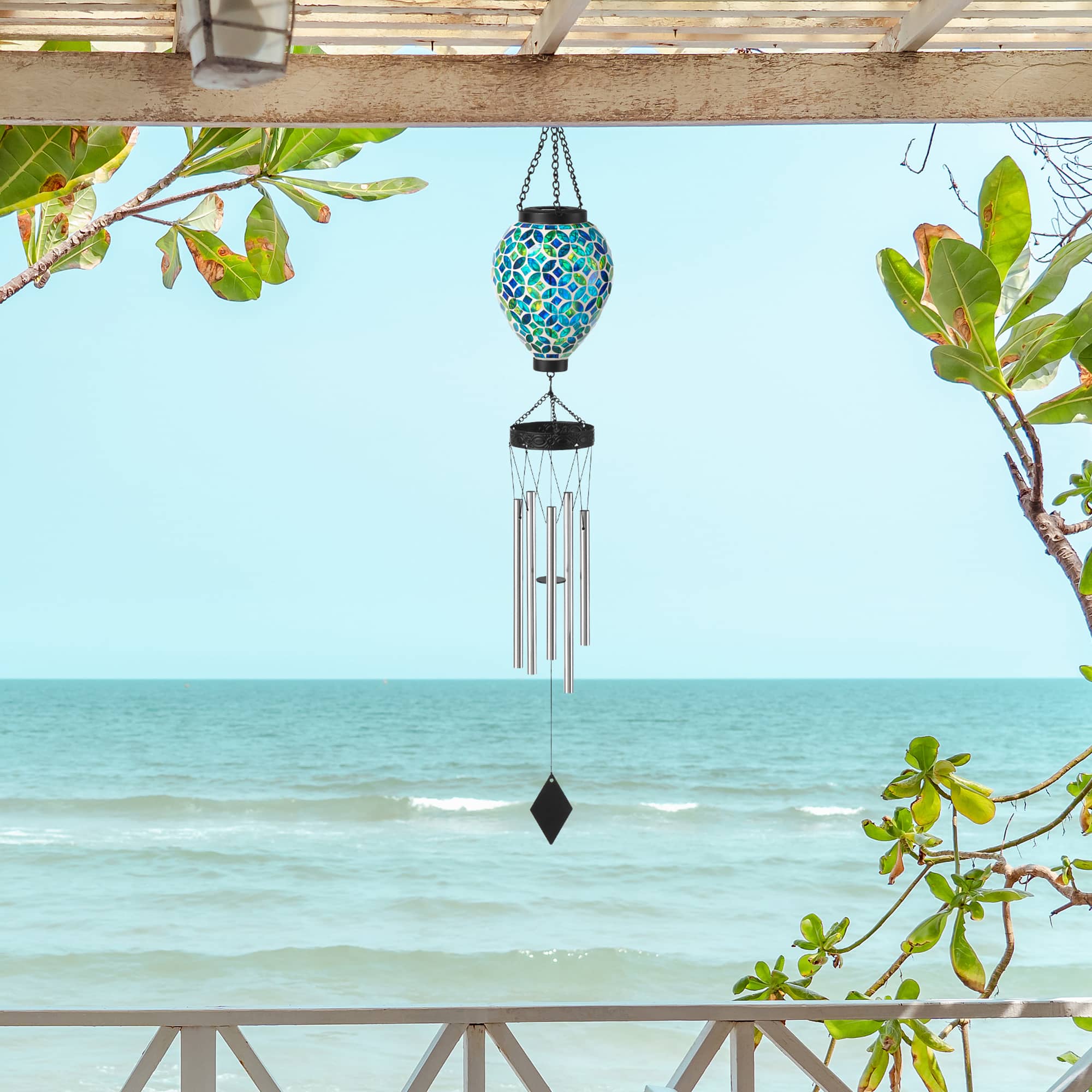 Glitzhome® 37" Blue & Green Solar Lighted Metal & Glass Mosaic Windchime