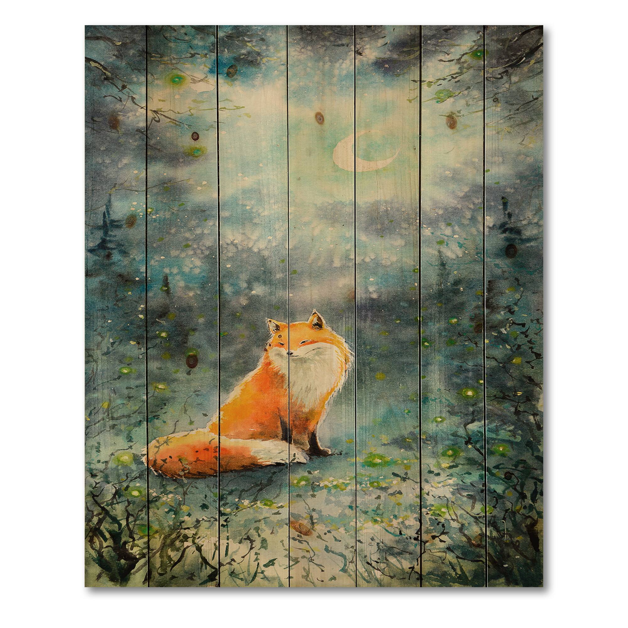 Designart - Fox Over A Night Sky - Children&#x27;s Art Print on Natural Pine Wood