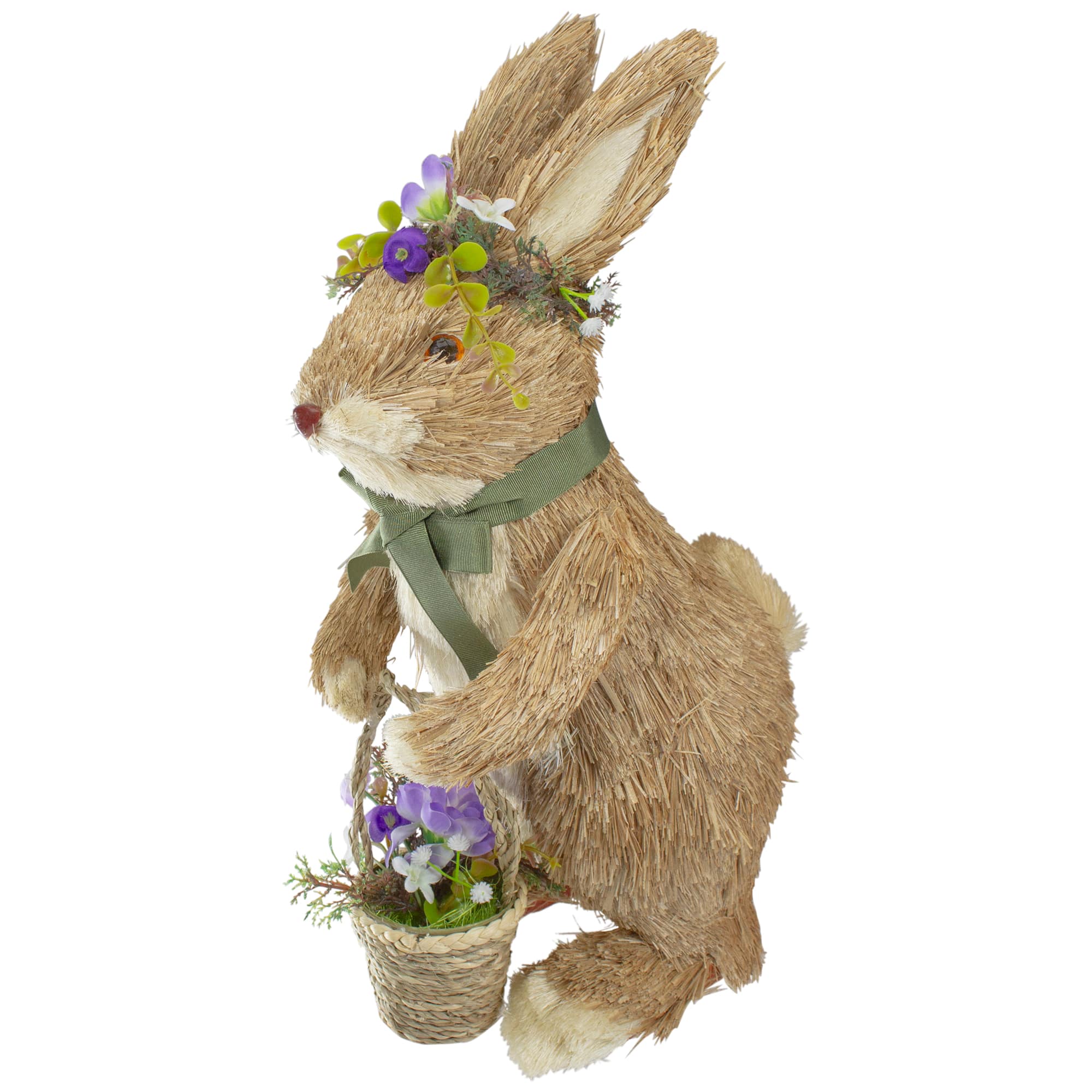 15" Brown Sisal Bunny Rabbit with Basket Easter Figure