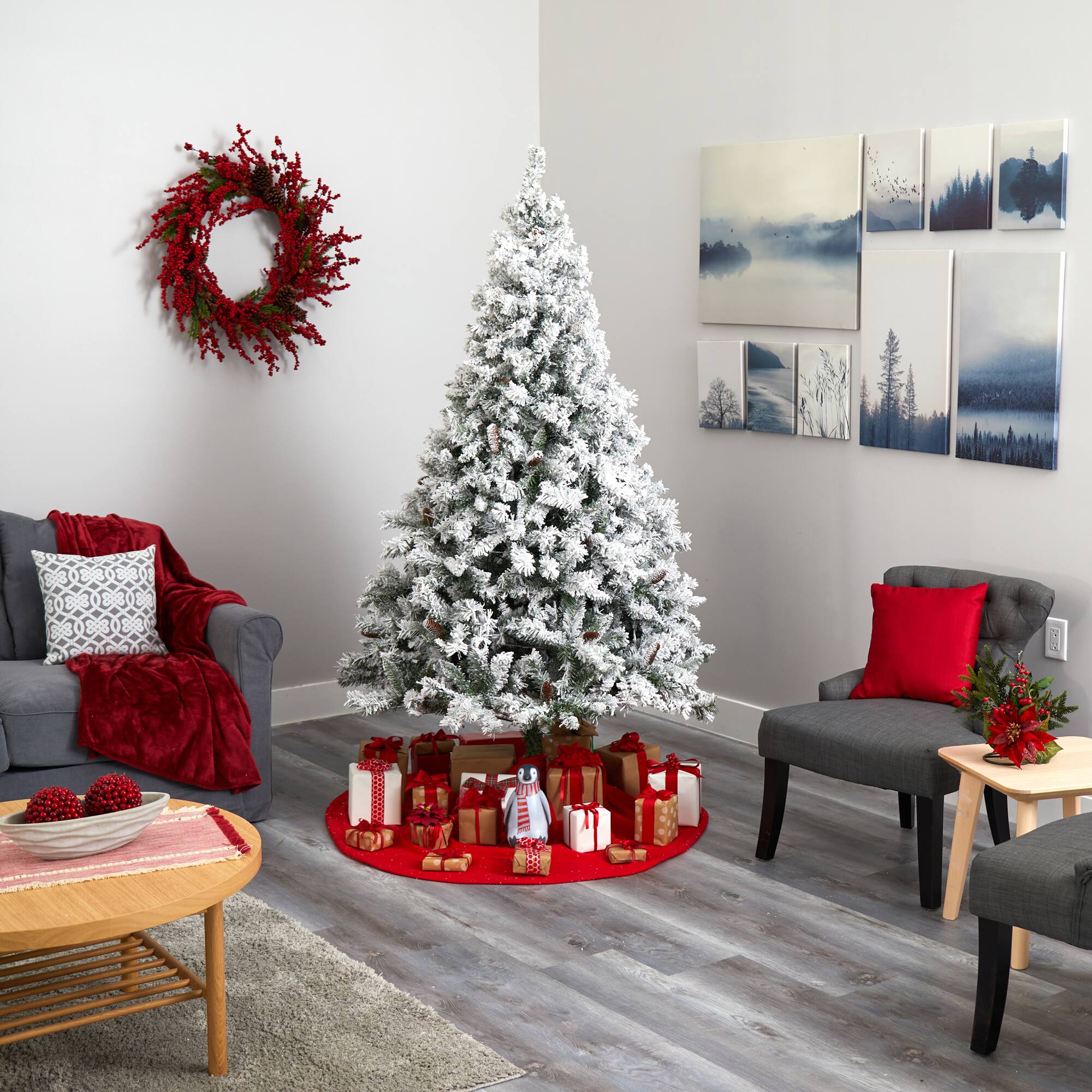 7ft. Unlit Flocked White River Mountain Pine &#x26; Pinecones Artificial Christmas Tree