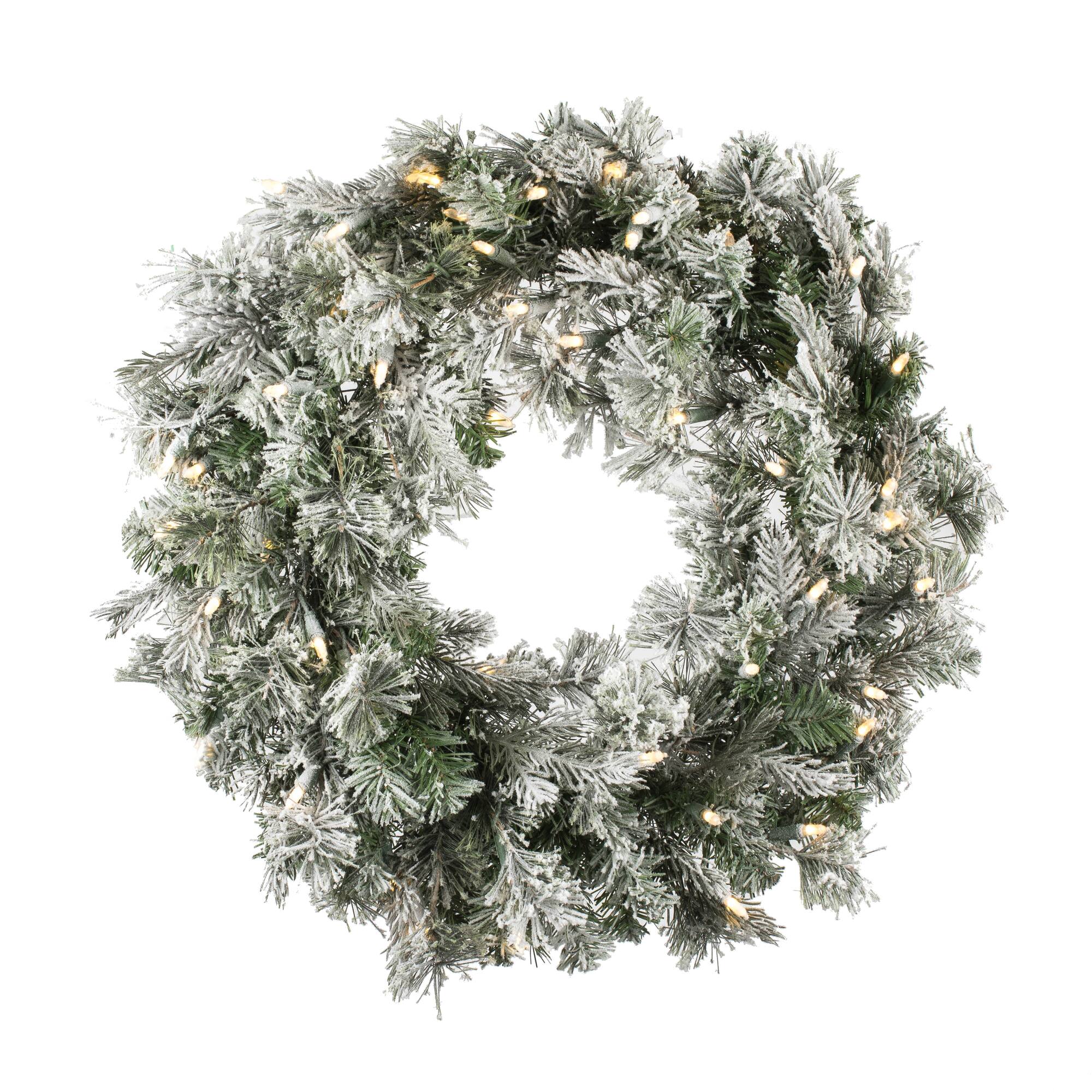24" Pre-Lit Flocked Kiana Artificial Christmas Wreath, Warm White Dura-Lit® LED Mini Lights