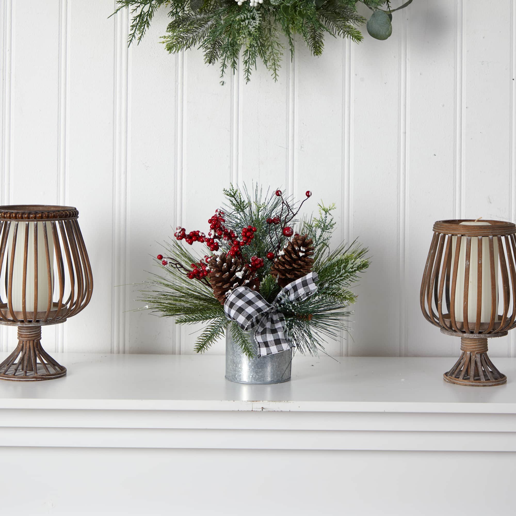 12&#x22; Frosted Pinecones &#x26; Berries Artificial Arrangement in Vase with Decorative Plaid Bow