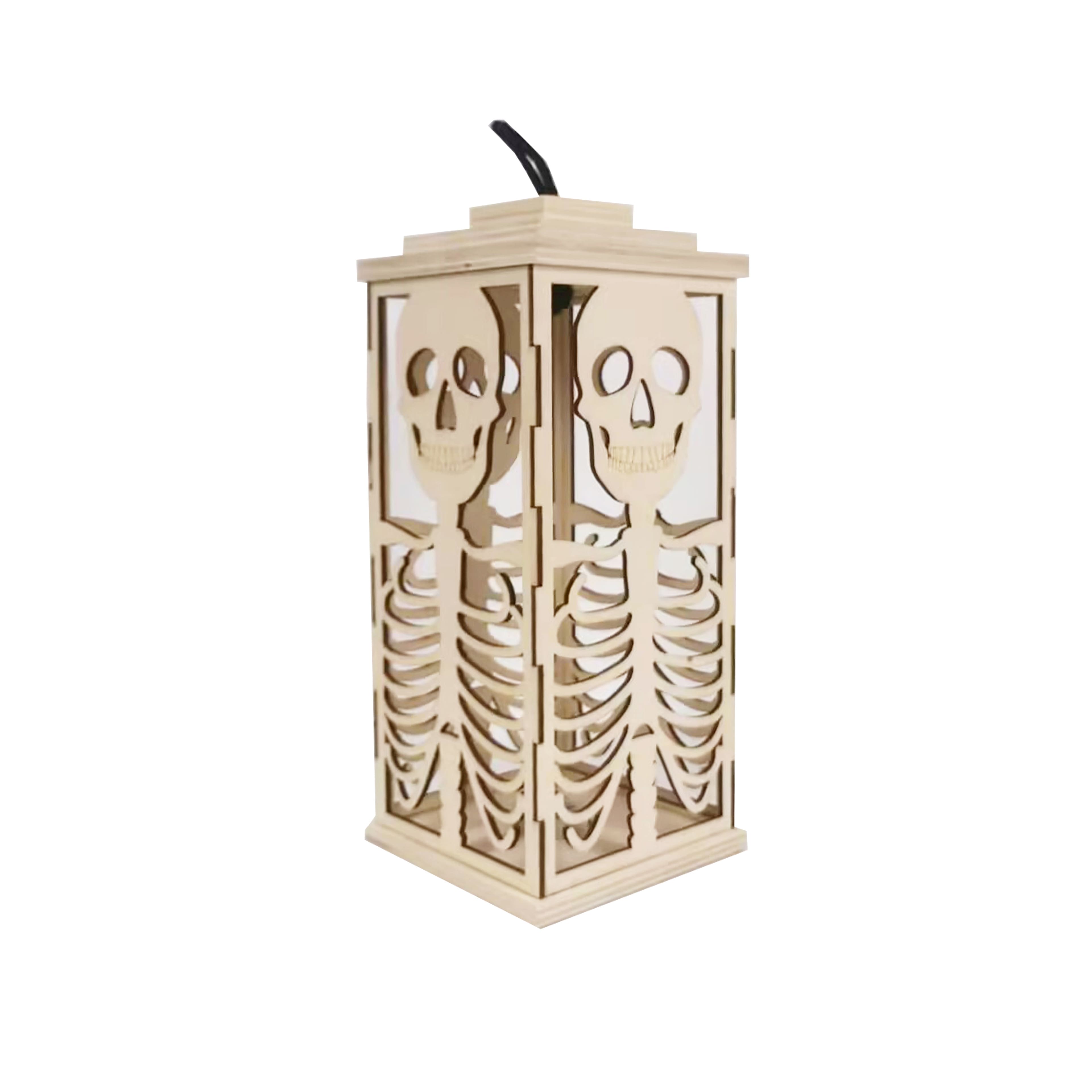 10&#x22; DIY LED Skull Wood Lantern D&#xE9;cor by Make Market&#xAE;