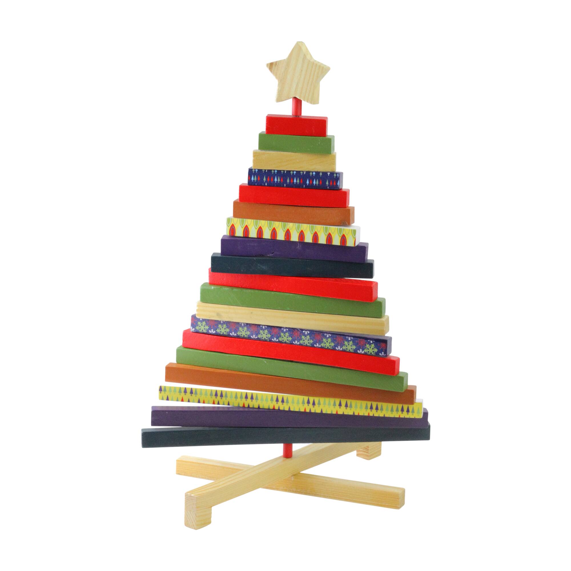 15.5" Beige & Red Adjustable Wooden Christmas Tree Tabletop Décor
