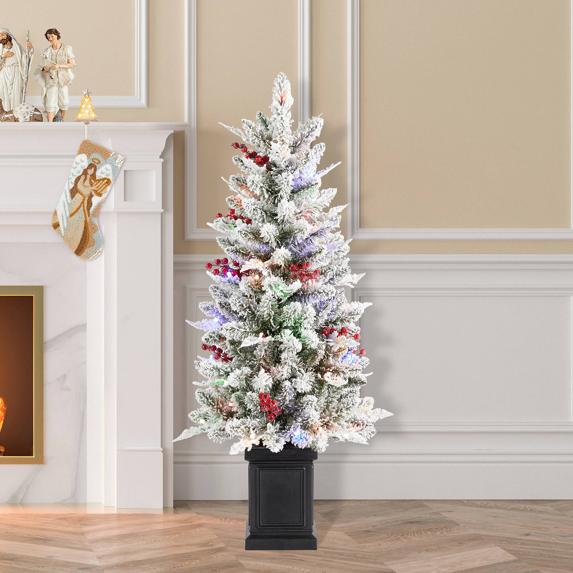 Glitzhome&#xAE; 4ft Pre-Lit Flocked Artificial Christmas Porch Tree, Multi-color LED Lights