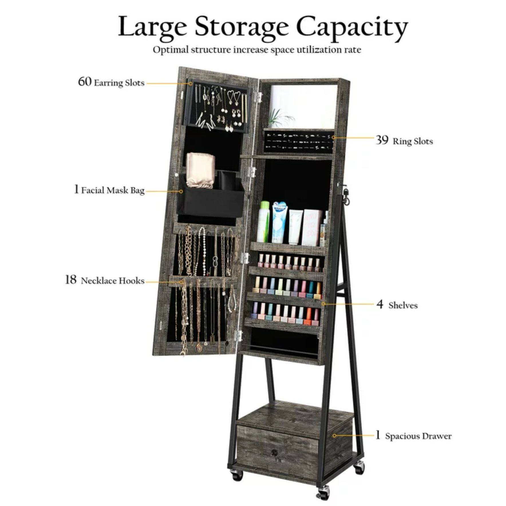 NEX&#x2122; 5ft. Dark Gray Jewelry Armoire on Casters with Chest Drawer