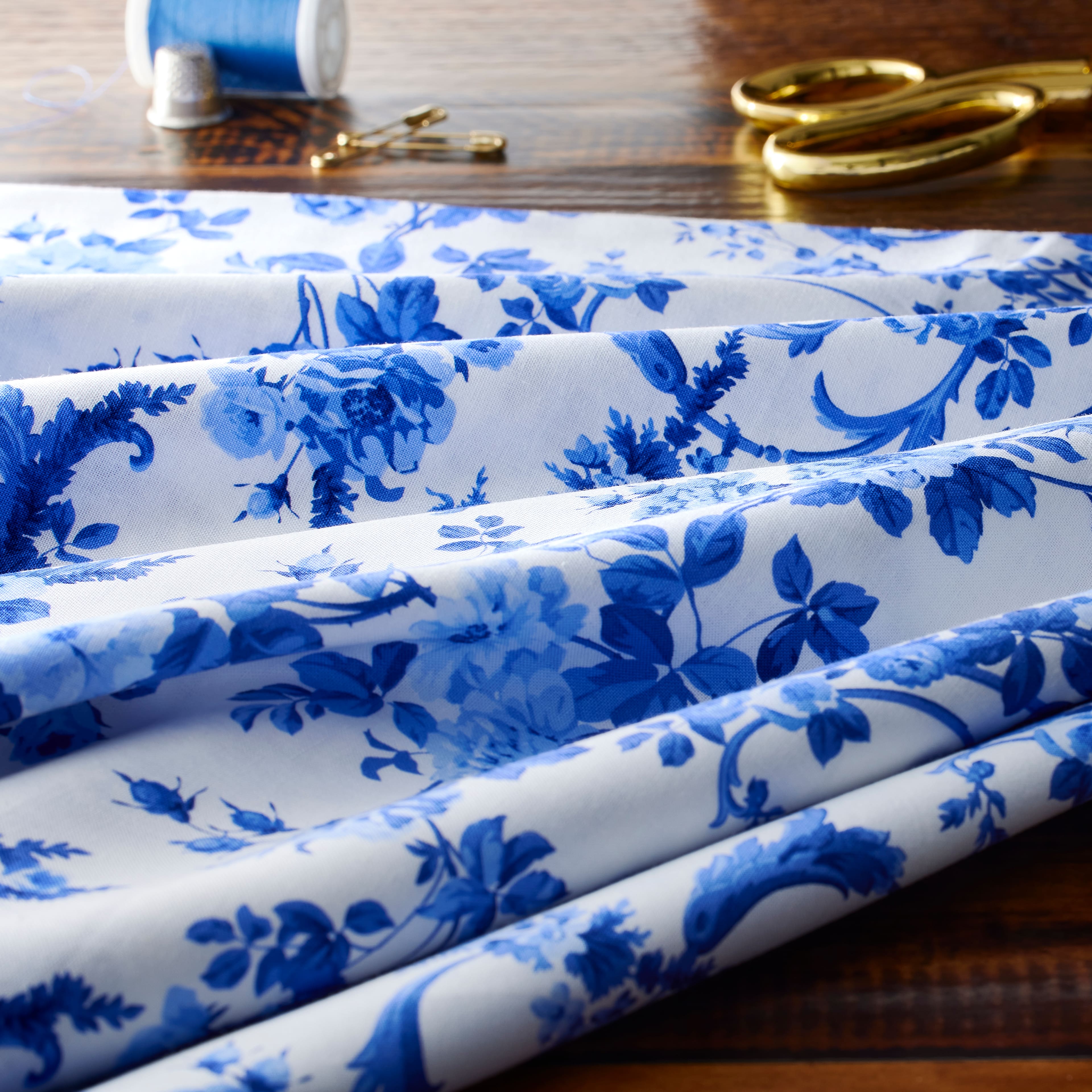 Northcott Blue &#x26; White Porcelain Rose Scroll Cotton Fabric