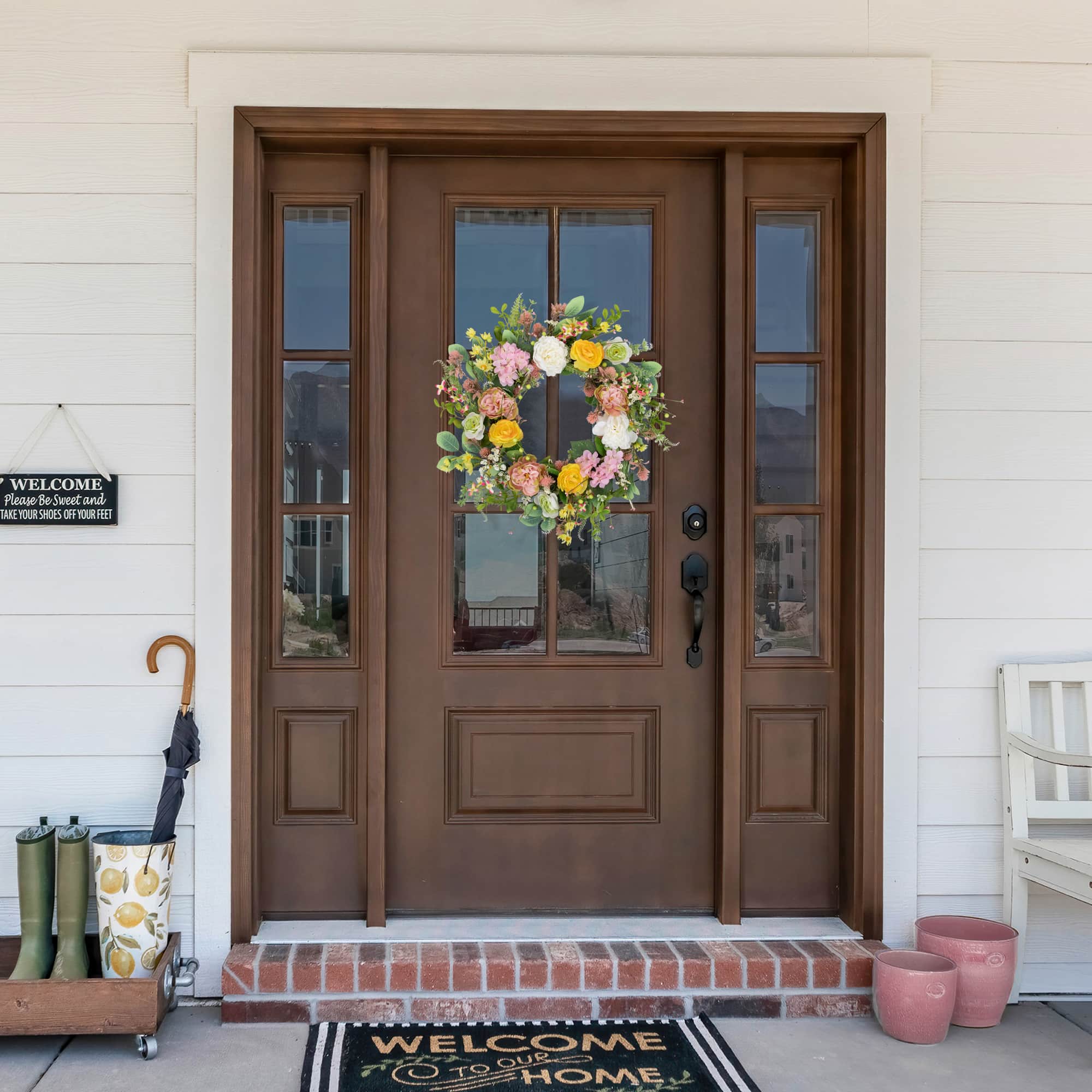 26&#x22; Pink &#x26; Yellow Rose &#x26; Hydrangea Floral Spring Wreath