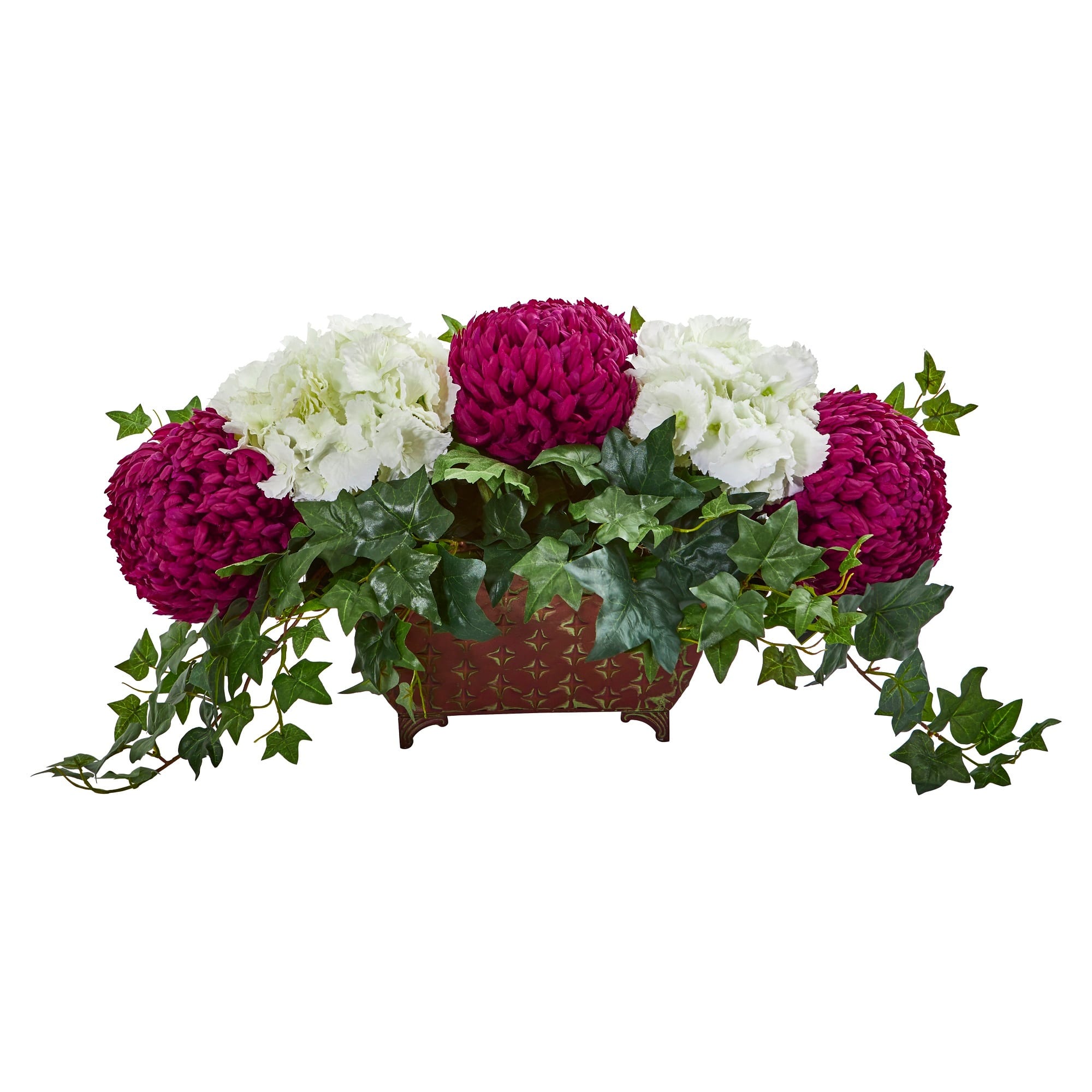 3ft. Mum & Hydrangea Artificial Arrangement in Metal Planter