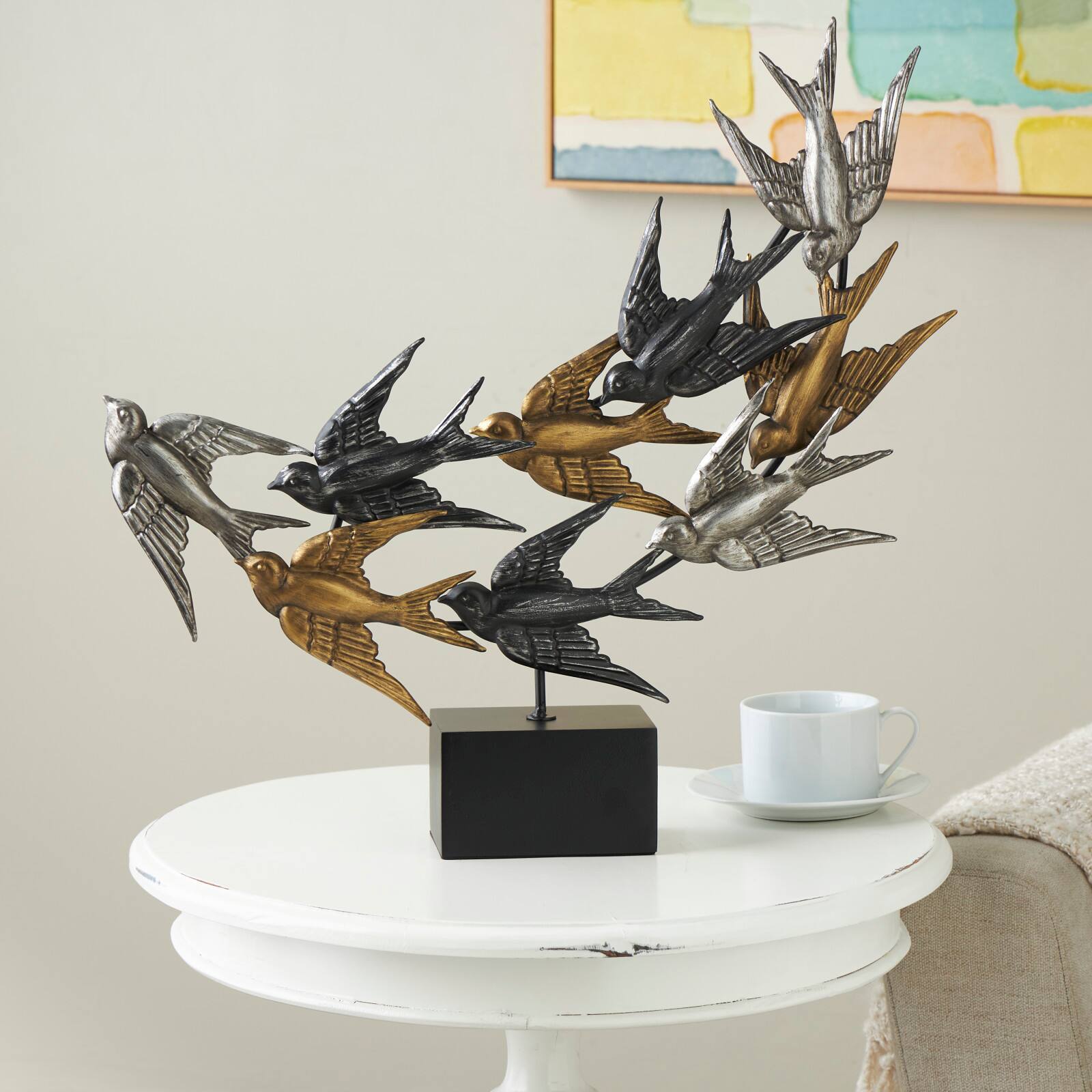 19.5&#x22; Black Metallic Flying Flock of Birds Sculpture D&#xE9;cor